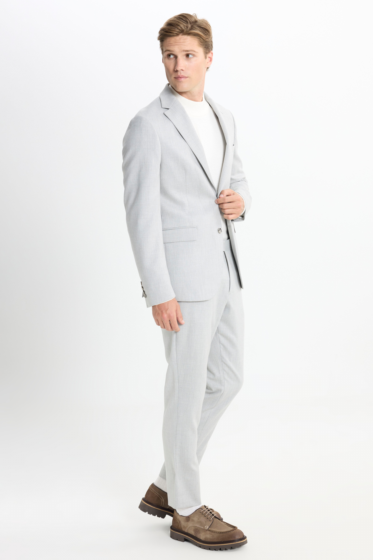 Altınyıldız Classics Erkek Açık Gri Slim Fit Mono Yaka Çizgili Kapak Cepli Takım Elbise görsel 2