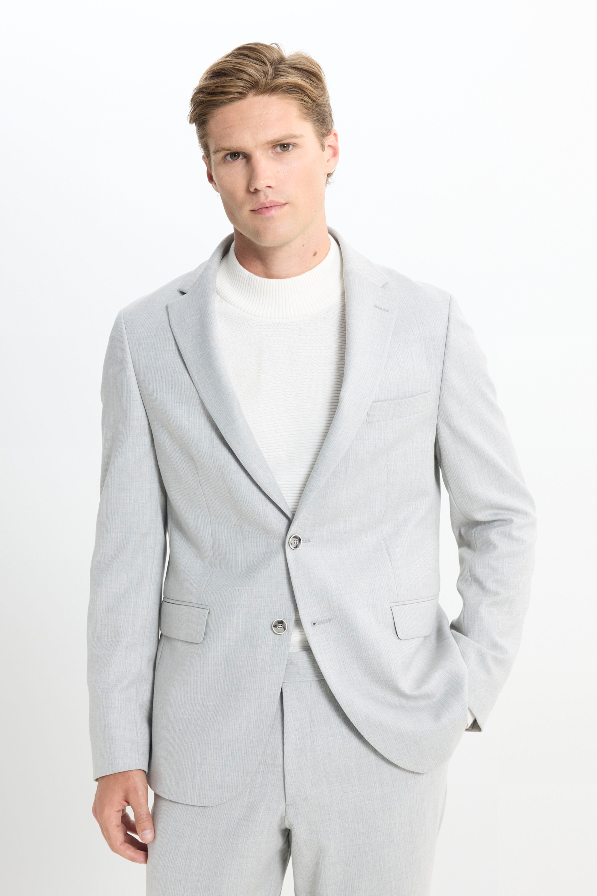 Altınyıldız Classics Erkek Açık Gri Slim Fit Mono Yaka Çizgili Kapak Cepli Takım Elbise görsel 5