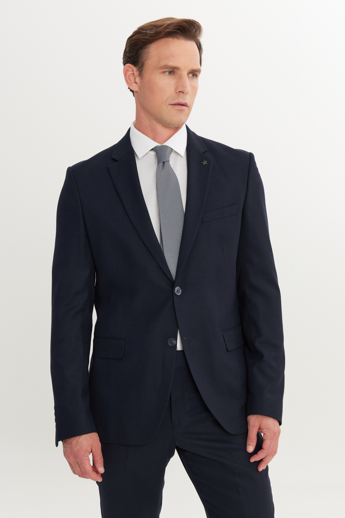 Altınyıldız Classics Erkek Lacivert Slim Fit Dar Kesim Mono Yaka Armürlü Esnek Takım Elbise