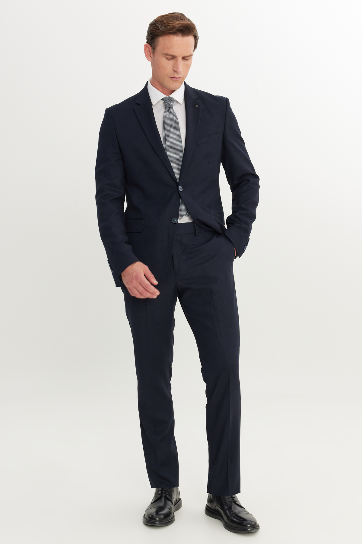 Altınyıldız Classics Erkek Lacivert Slim Fit Dar Kesim Mono Yaka Armürlü Esnek Takım Elbise görsel 2