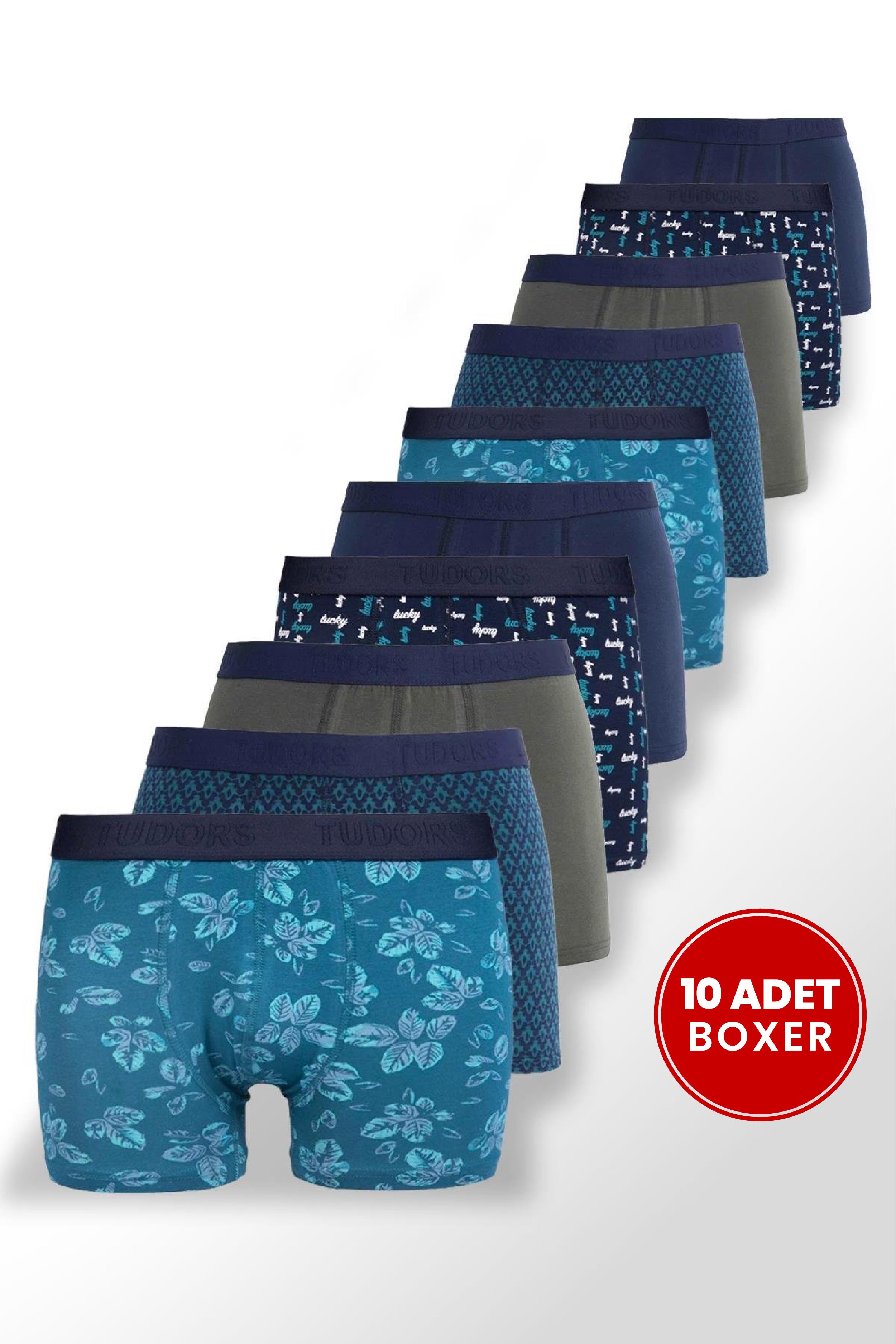 TUDORS Erkek 10'Lu Elastanlı Pamuklu Esnek Kumaş Premium Seri Boxer