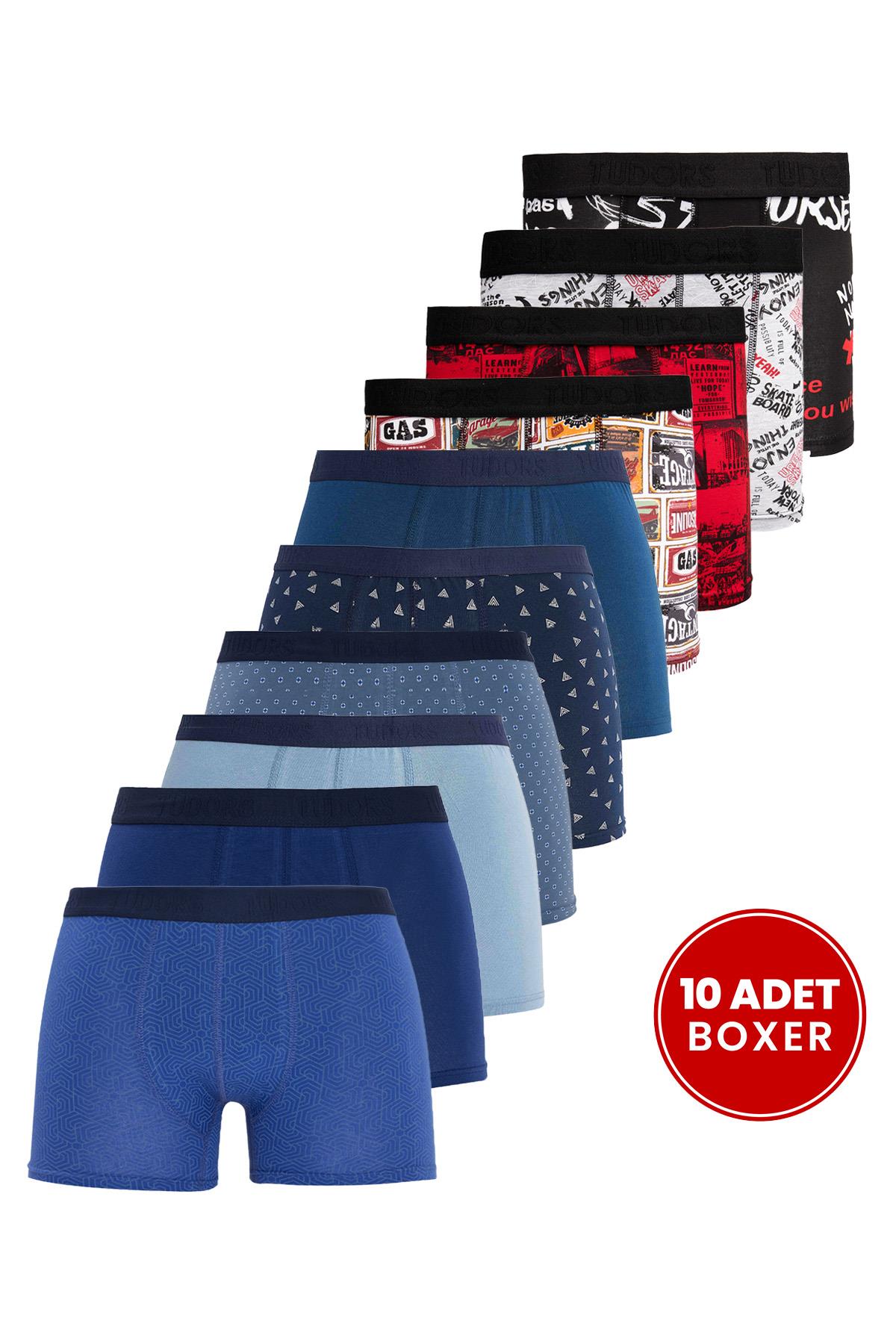 TUDORS Erkek 10'Lu Elastanlı Pamuklu Esnek Kumaş Premium Seri Boxer