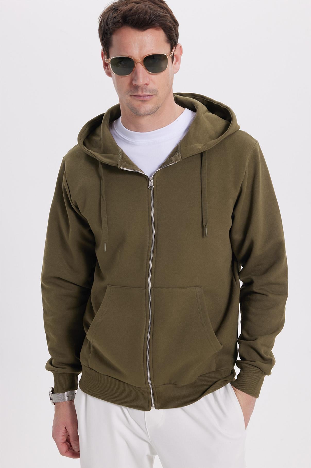 TUDORS Unisex Relax Fit Rahat Kesim Pamuklu İçi Polarlı Çift Cepli Tam Fermuarlı Haki Kapüşonlu Sweatshirt