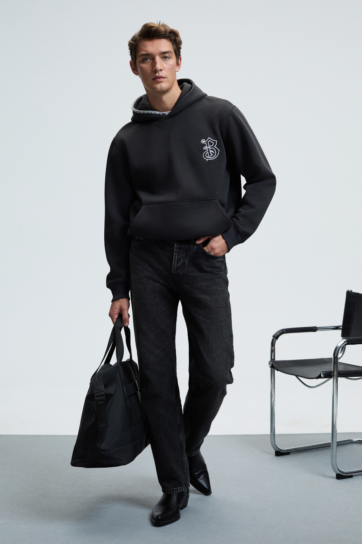 GRIMELANGE Erkek Kapüşonlu Süs Dikiş Detaylı Göğsü Nakışlı Kanguru Cepli ANTRASİT Sweatshirt görsel 6