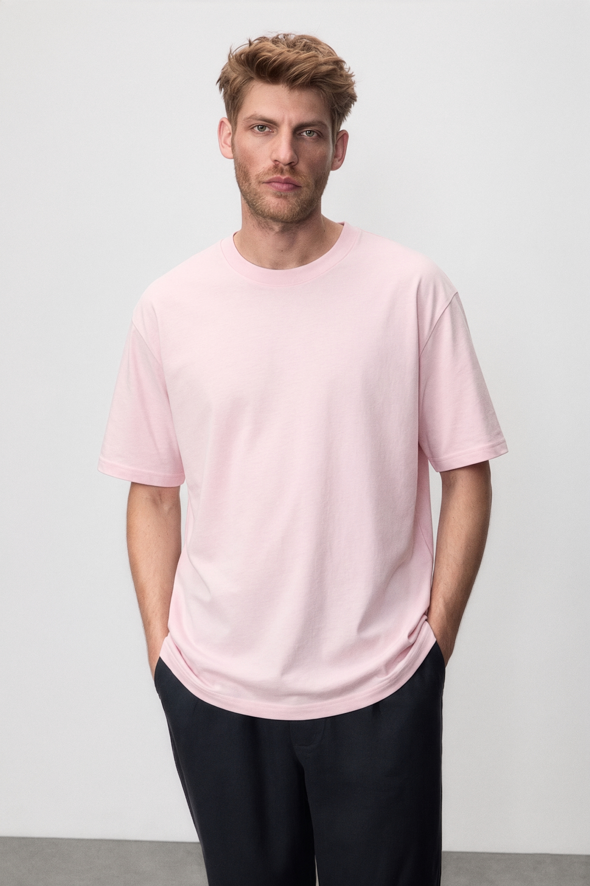 GRIMELANGE JETT Erkek Oversize Fit %100 organik Pamuk Kalın Dokulu Bisiklet Yakalı AÇIK PEMBE T-Shirt