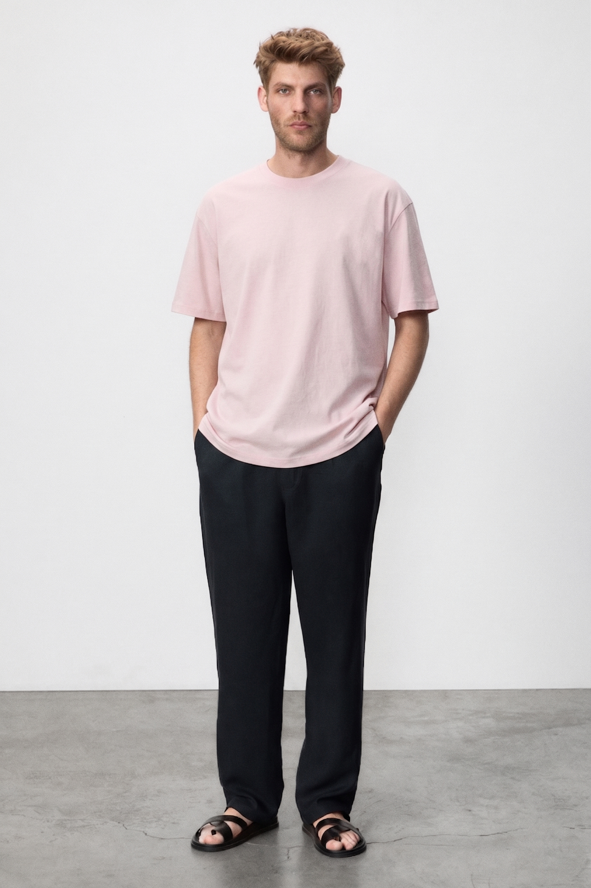 GRIMELANGE JETT Erkek Oversize Fit %100 organik Pamuk Kalın Dokulu Bisiklet Yakalı AÇIK PEMBE T-Shirt görsel 2