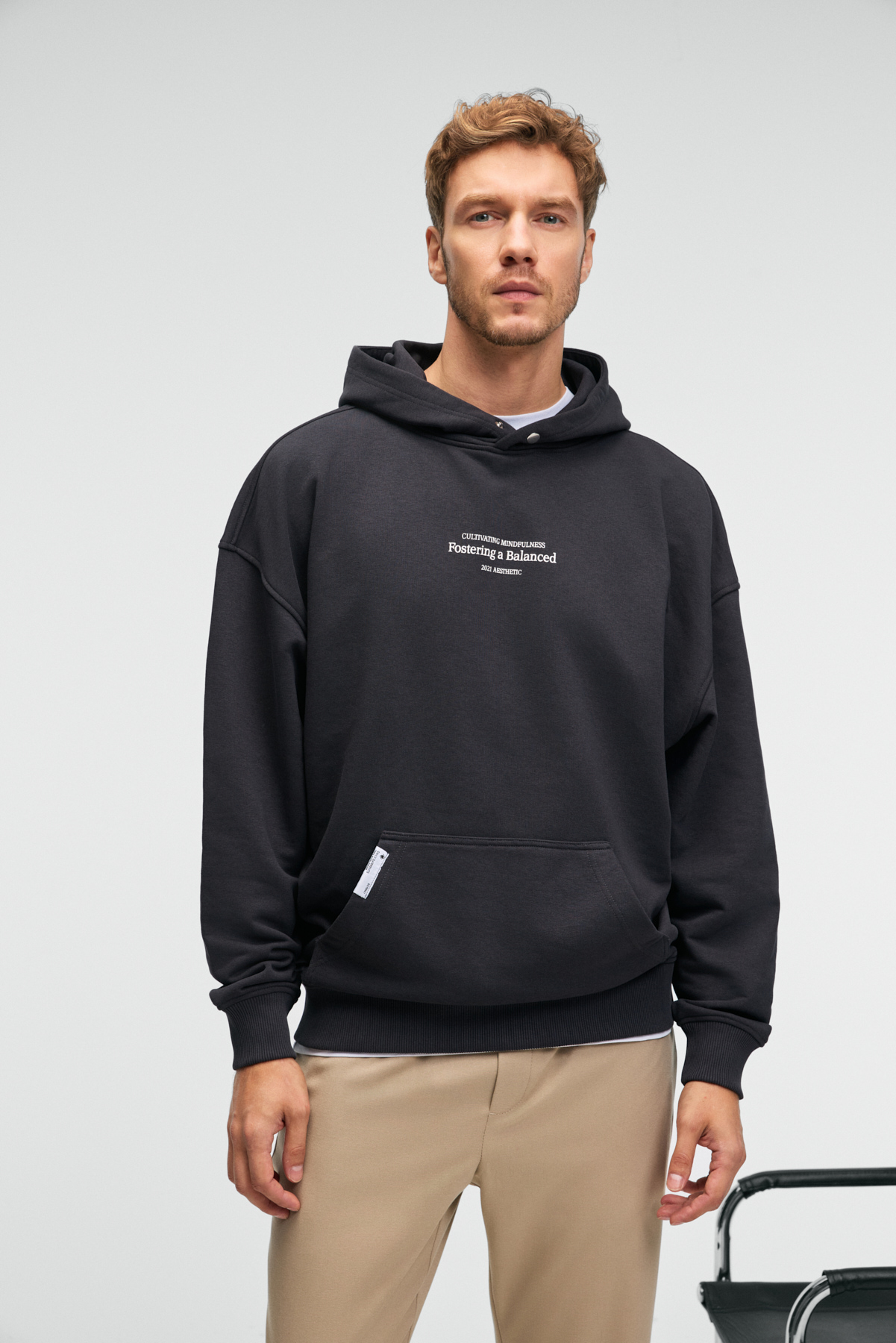 GRIMELANGE Erkek %100 Pamuk Kapüşonlu Çıtçıtlı Baskılı Cebi Süs Etiketli ANTRASİT Sweatshirt