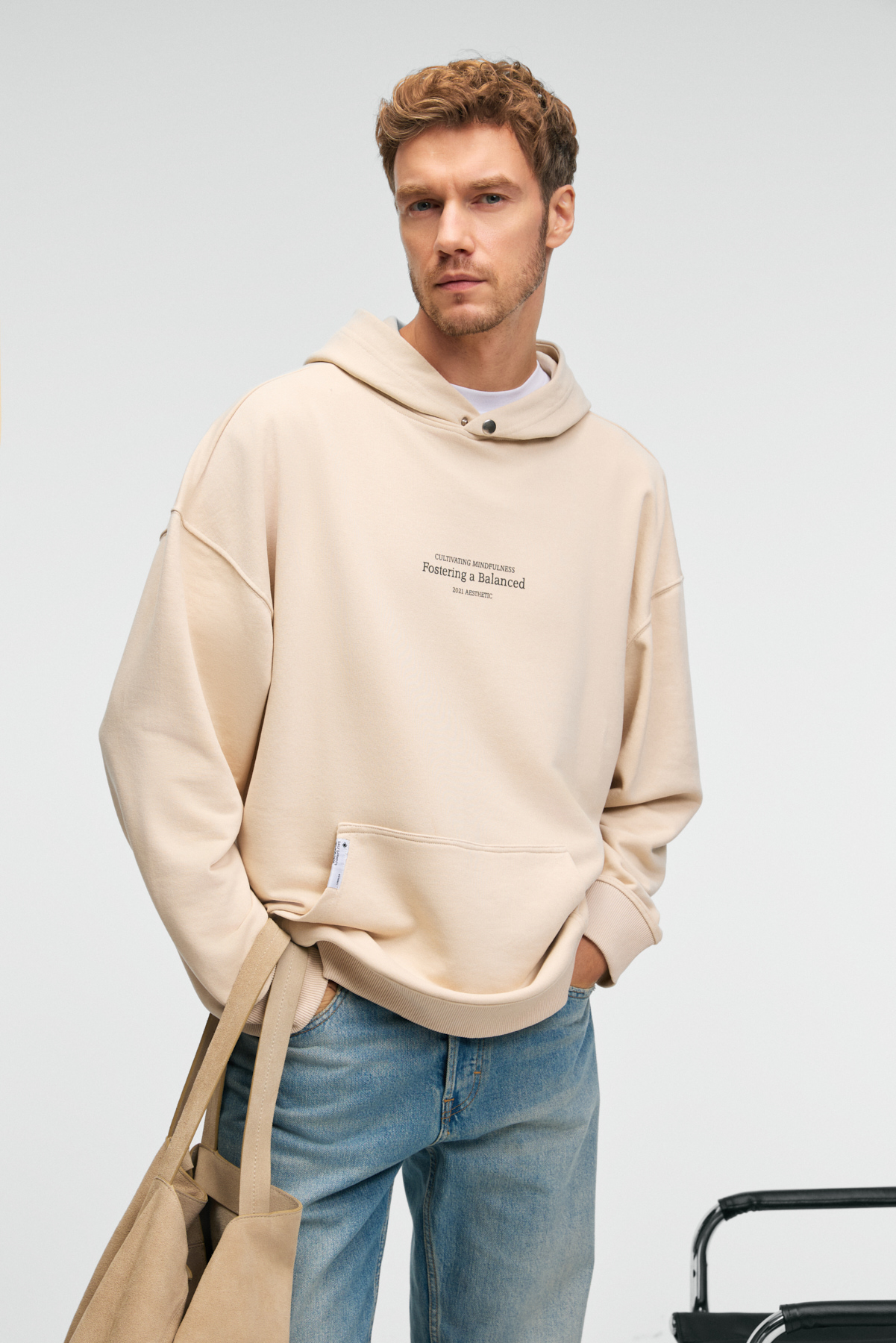 GRIMELANGE Erkek %100 Pamuk Kapüşonlu Çıtçıtlı Baskılı Cebi Süs Etiketli KREM Sweatshirt