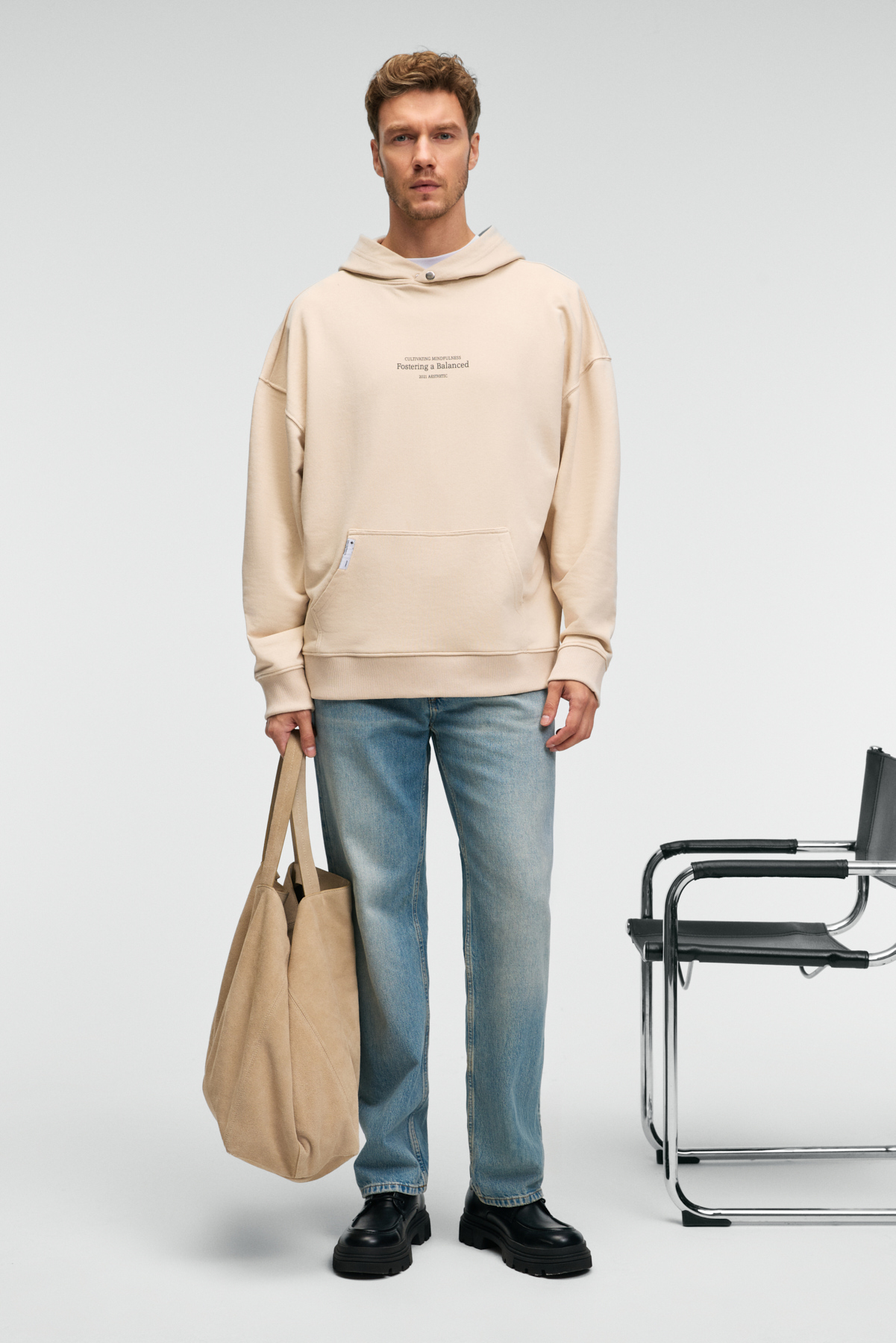 GRIMELANGE Erkek %100 Pamuk Kapüşonlu Çıtçıtlı Baskılı Cebi Süs Etiketli KREM Sweatshirt görsel 2
