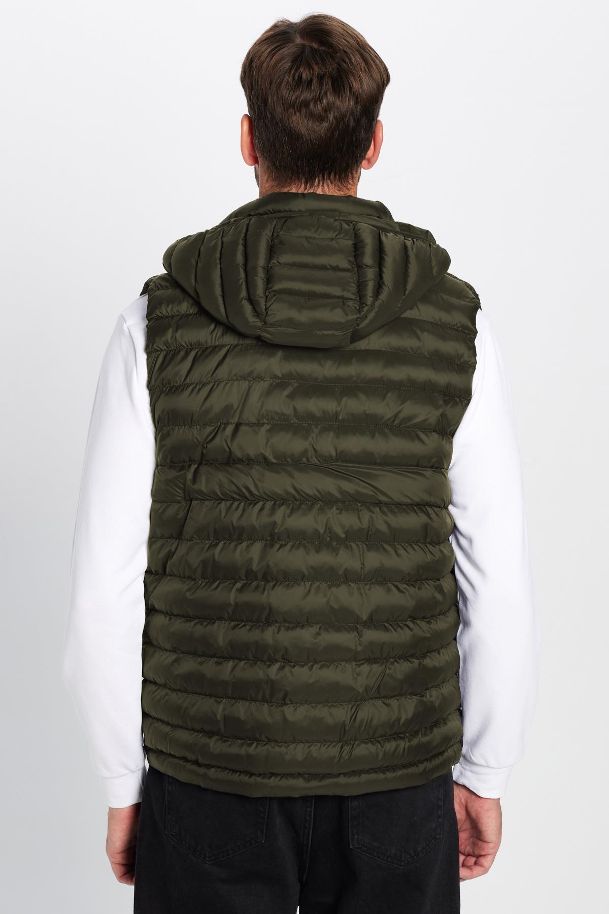 TUDORS Erkek Slim Fit Dar Kesim Astarlı Rüzgar Geçirmez Cepli Çıkarılabilir Kapüşonlu Şişme Yelek görsel 5