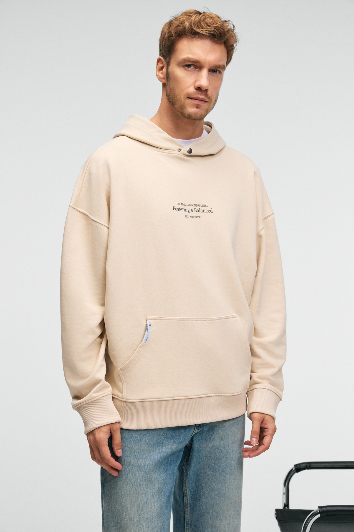 GRIMELANGE Erkek %100 Pamuk Kapüşonlu Çıtçıtlı Baskılı Cebi Süs Etiketli KREM Sweatshirt görsel 4