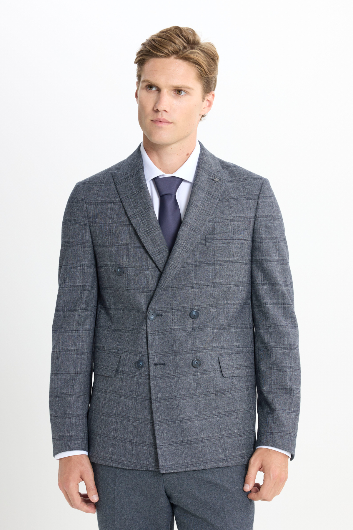 Altınyıldız Classics Erkek Koyu Gri Slim Fit Dar Kesim Kırlangıç Yaka Kareli Kapak Cepli Esnek Takım Elbise