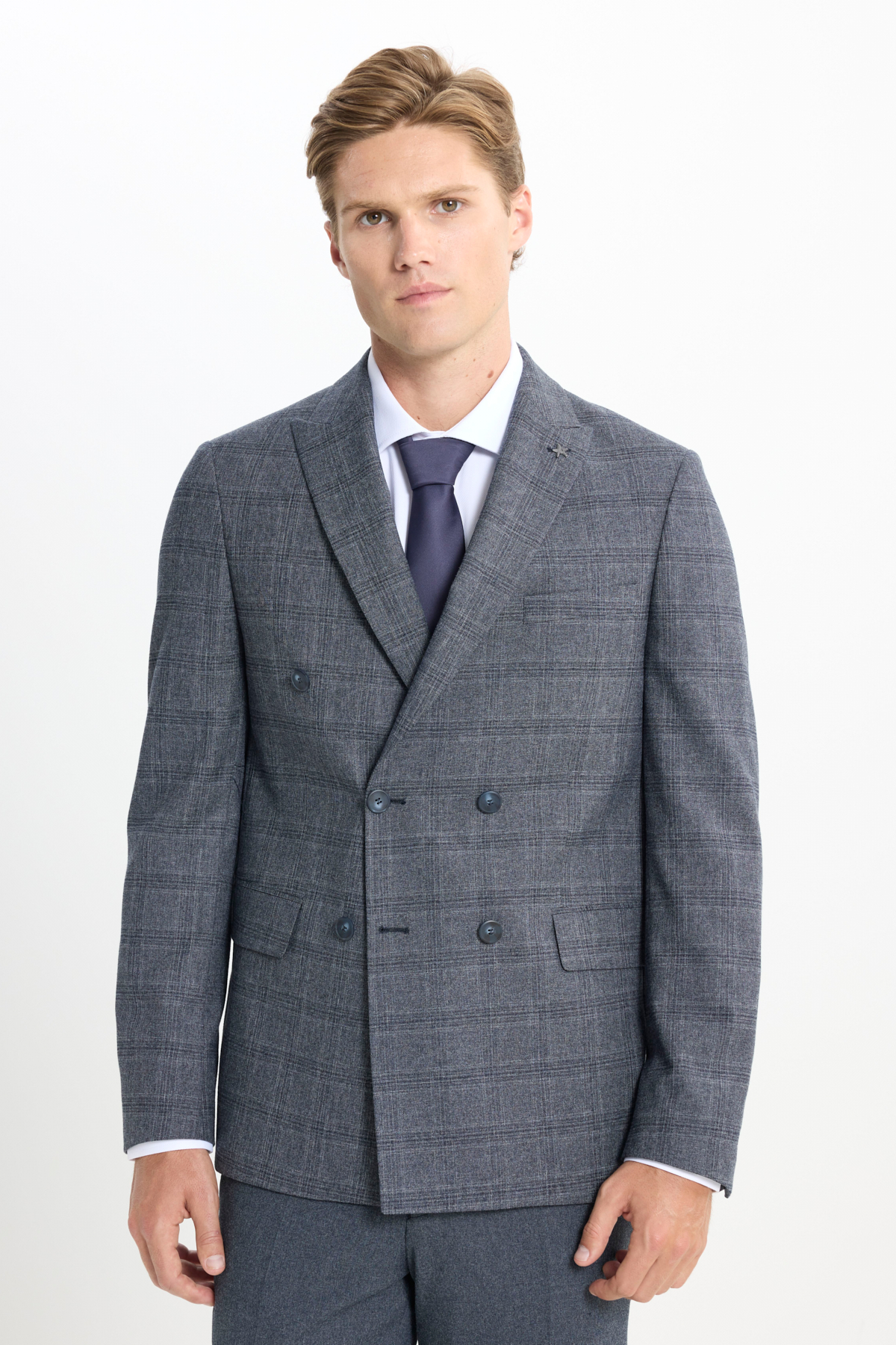Altınyıldız Classics Erkek Koyu Gri Slim Fit Dar Kesim Kırlangıç Yaka Kareli Kapak Cepli Esnek Takım Elbise görsel 5