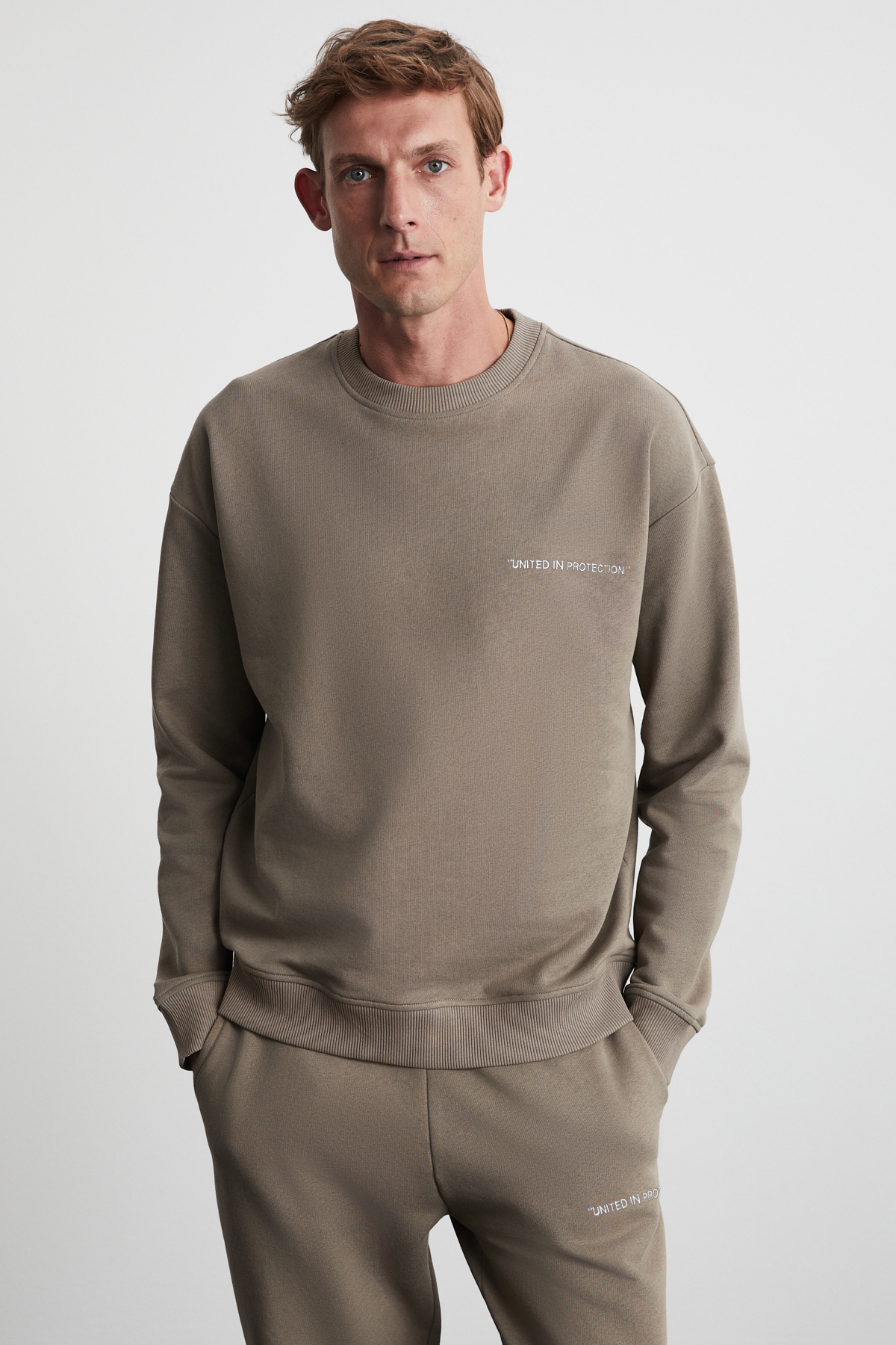 GRIMELANGE Raırok Erkek İçi Polarlı Comfort Bej Oversize Nakışlı VİZON Sweatshirt
