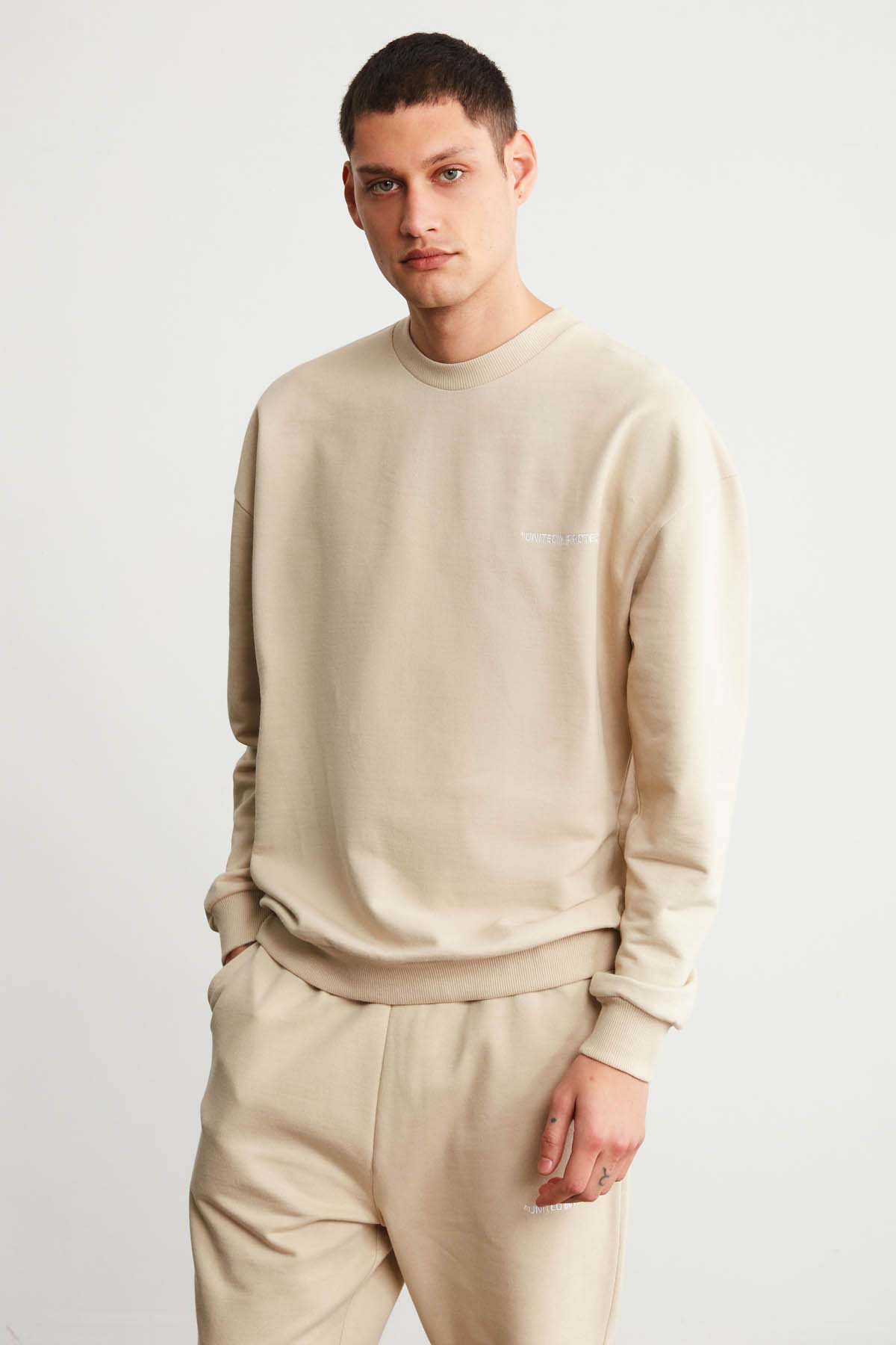 GRIMELANGE Raırok Erkek İçi Polarlı Comfort Bej Oversize Nakışlı BEJ Sweatshirt