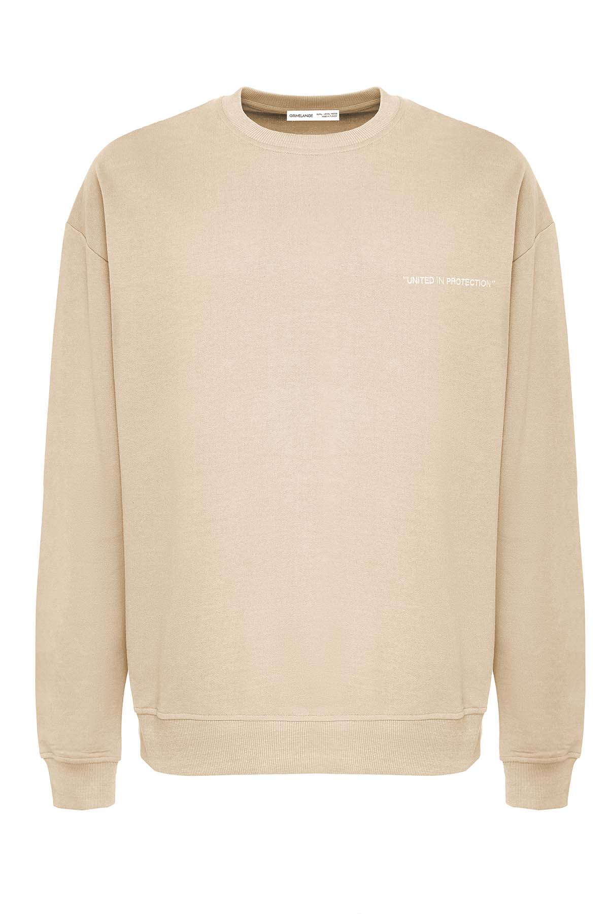 GRIMELANGE Raırok Erkek İçi Polarlı Comfort Bej Oversize Nakışlı BEJ Sweatshirt görsel 4