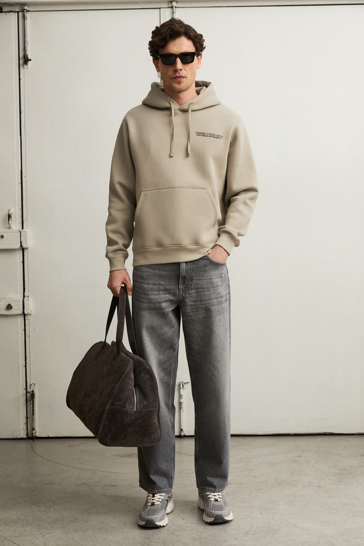 GRIMELANGE Erkek Organik Pamuklu İçi Polarlı Kangru Cepli Bakılı Rwgular TAŞ Sweatshirt