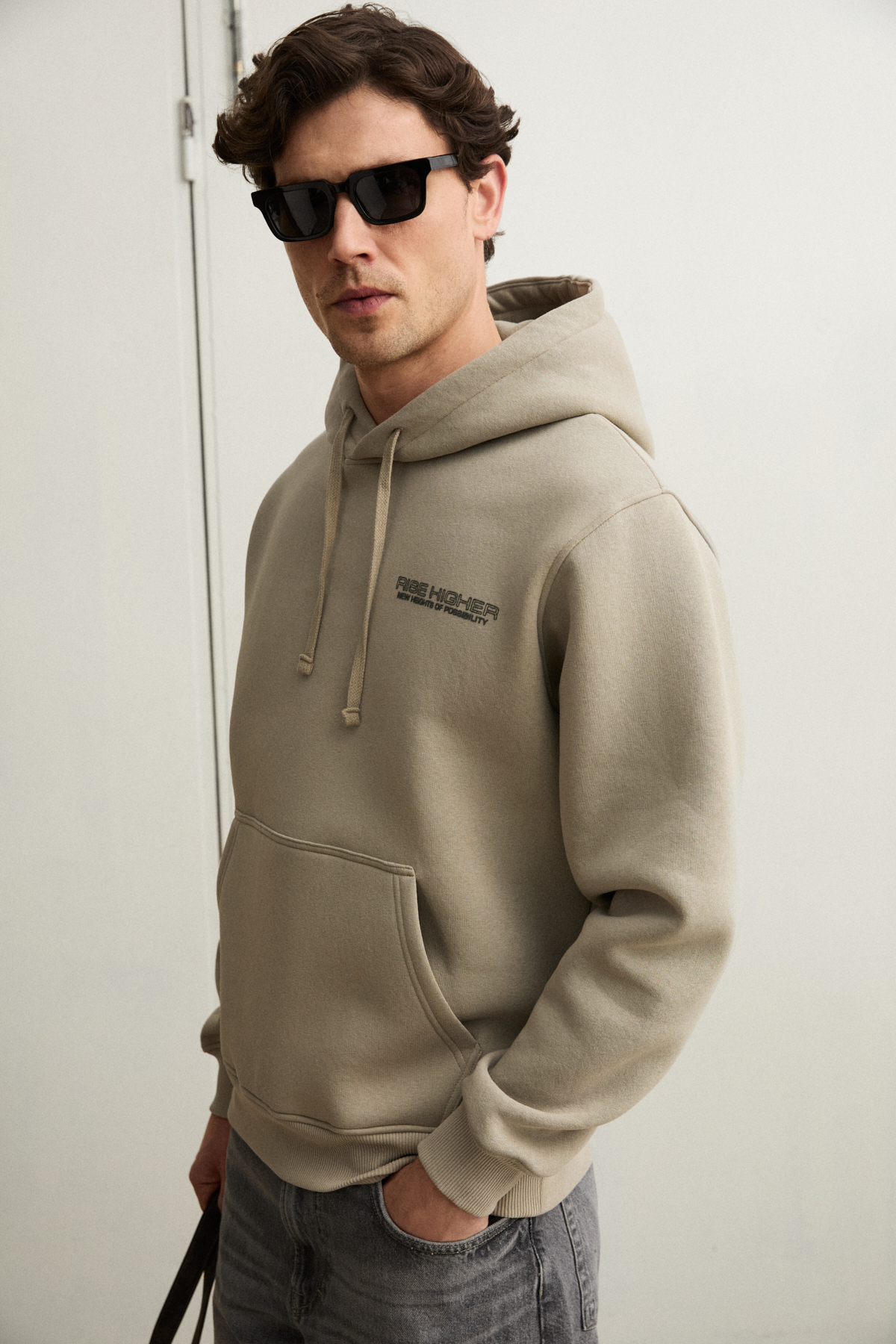 GRIMELANGE Erkek Organik Pamuklu İçi Polarlı Kangru Cepli Bakılı Rwgular TAŞ Sweatshirt görsel 3