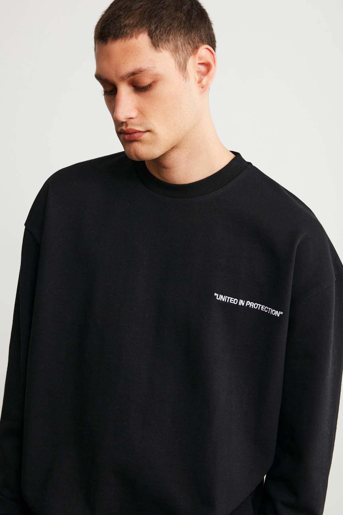 GRIMELANGE Raırok Erkek İçi Polarlı Comfort Bej Oversize Nakışlı SİYAH Sweatshirt