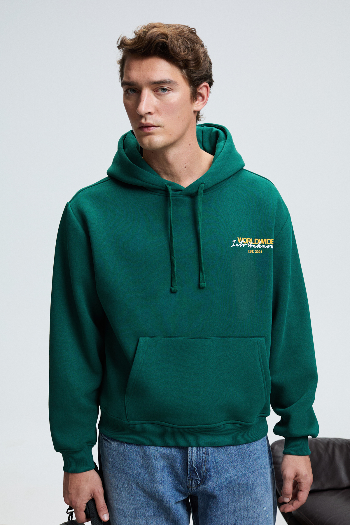 GRIMELANGE Erkek Kapüşonlu Kanguru Cepli Önü Ve Sırtı Baskılı Regular Fit YEŞİL Sweatshirt