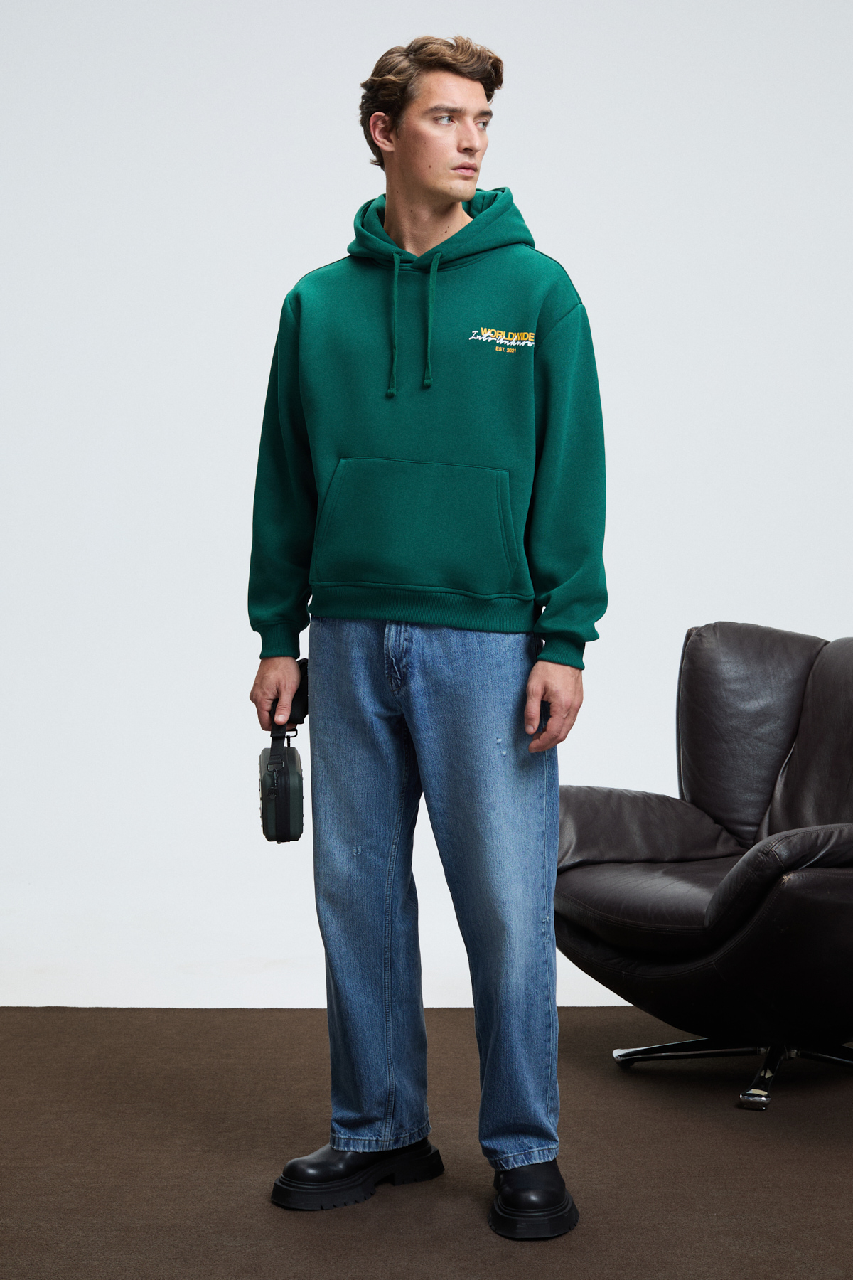 GRIMELANGE Erkek Kapüşonlu Kanguru Cepli Önü Ve Sırtı Baskılı Regular Fit YEŞİL Sweatshirt görsel 2