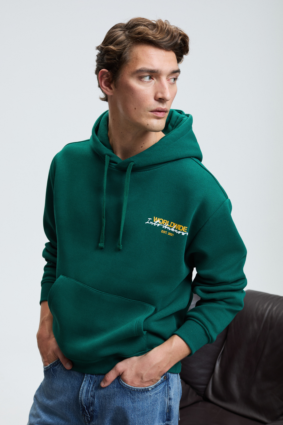 GRIMELANGE Erkek Kapüşonlu Kanguru Cepli Önü Ve Sırtı Baskılı Regular Fit YEŞİL Sweatshirt görsel 3