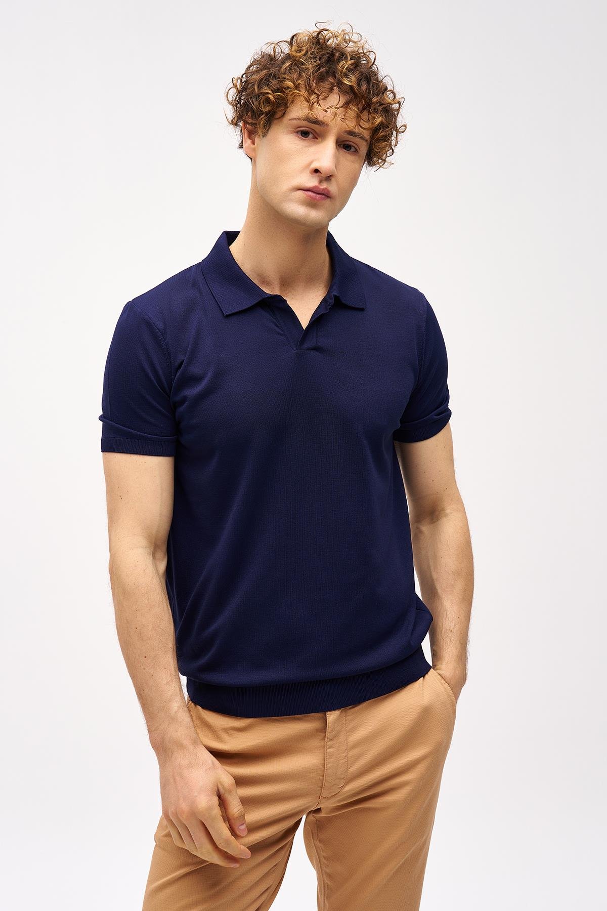 igs Erkek Lacivert Slim Fit Dar Kalıp Polo Yaka Düz Kısa Kollu Triko Tişört