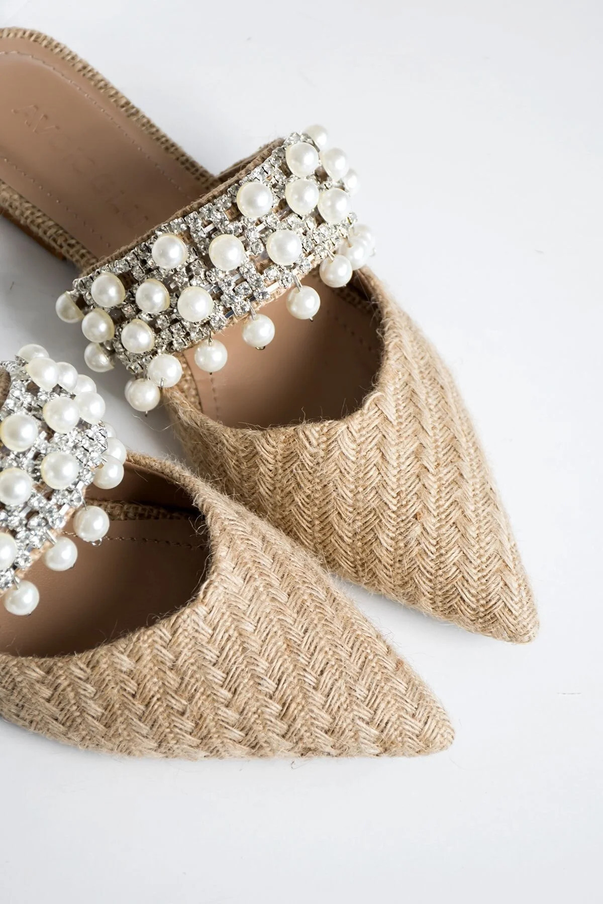 DUXAL SHOES Connell Kadın Taşlı İnci Süslemeli Hasır Örgü Sivri Burun Terlik görsel 8