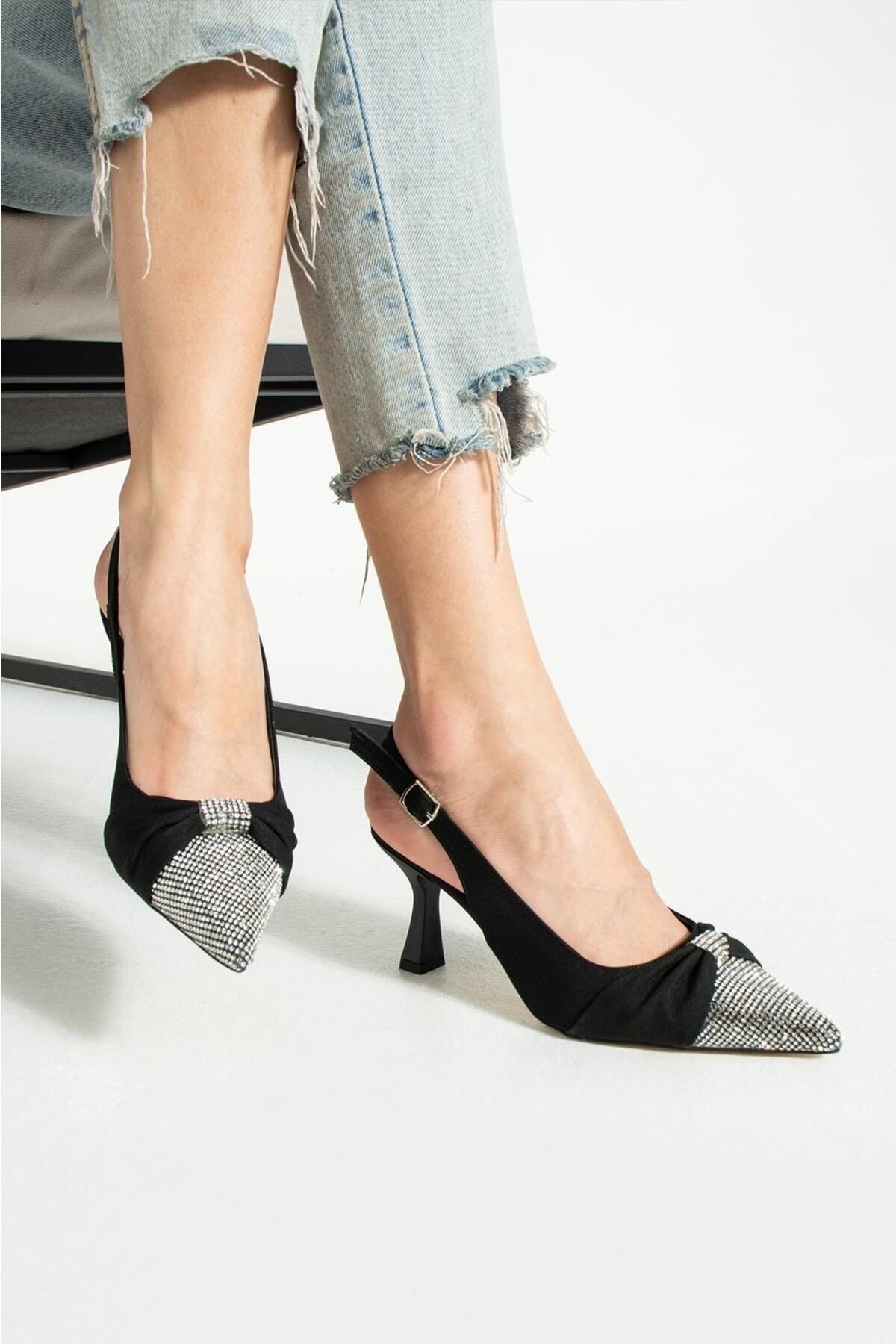 DUXAL SHOES Siyah Saten Önü Taşlı Kadın Topuklu Ayakkabı