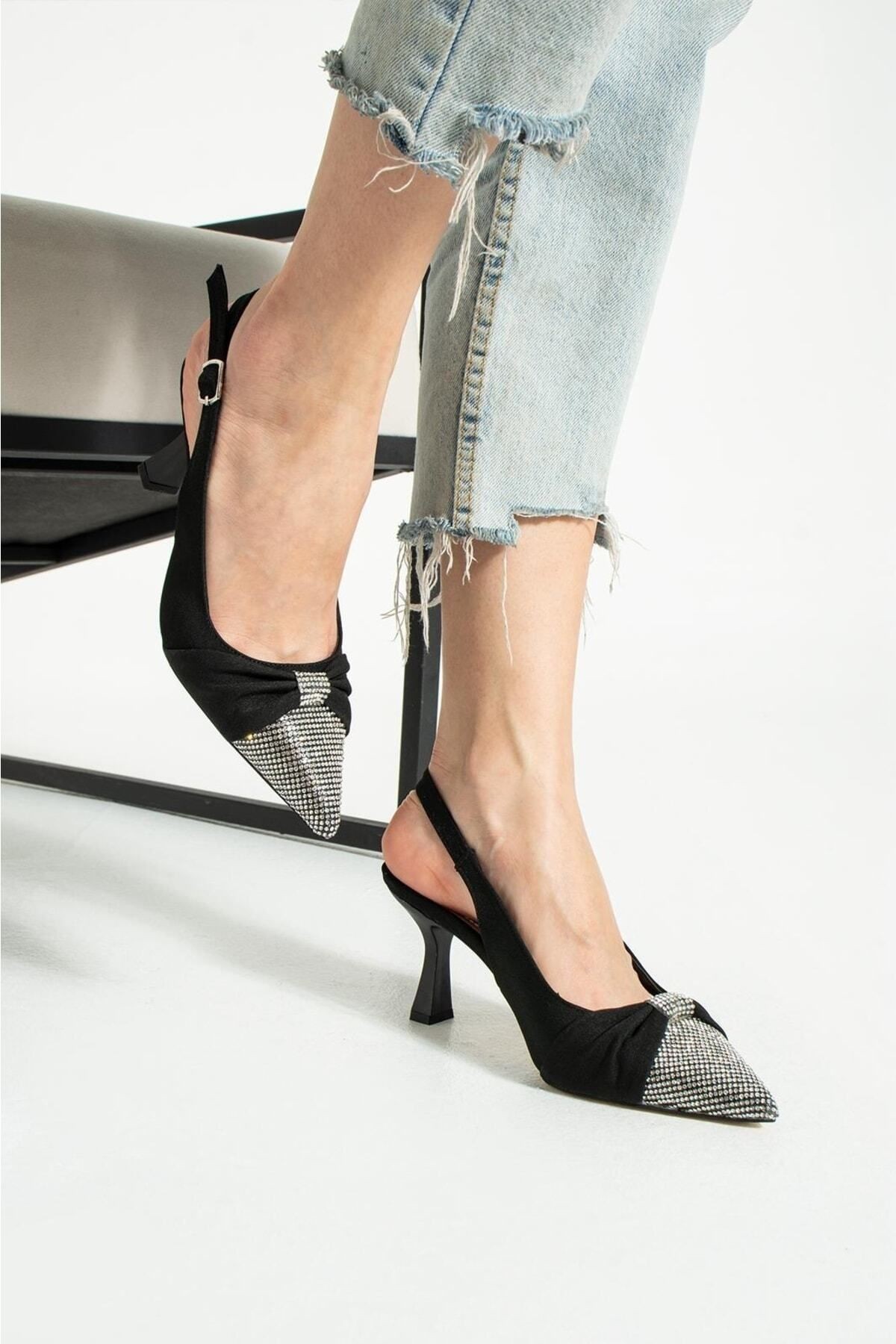 DUXAL SHOES Siyah Saten Önü Taşlı Kadın Topuklu Ayakkabı görsel 2