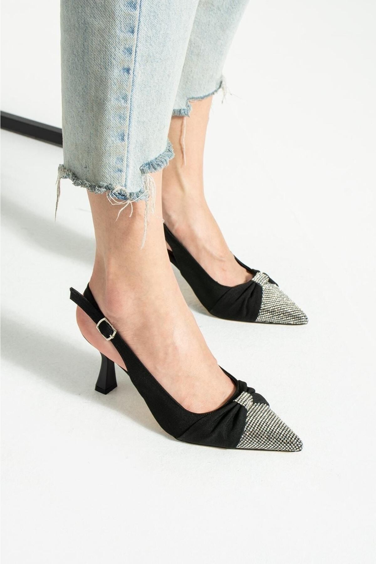DUXAL SHOES Siyah Saten Önü Taşlı Kadın Topuklu Ayakkabı görsel 3