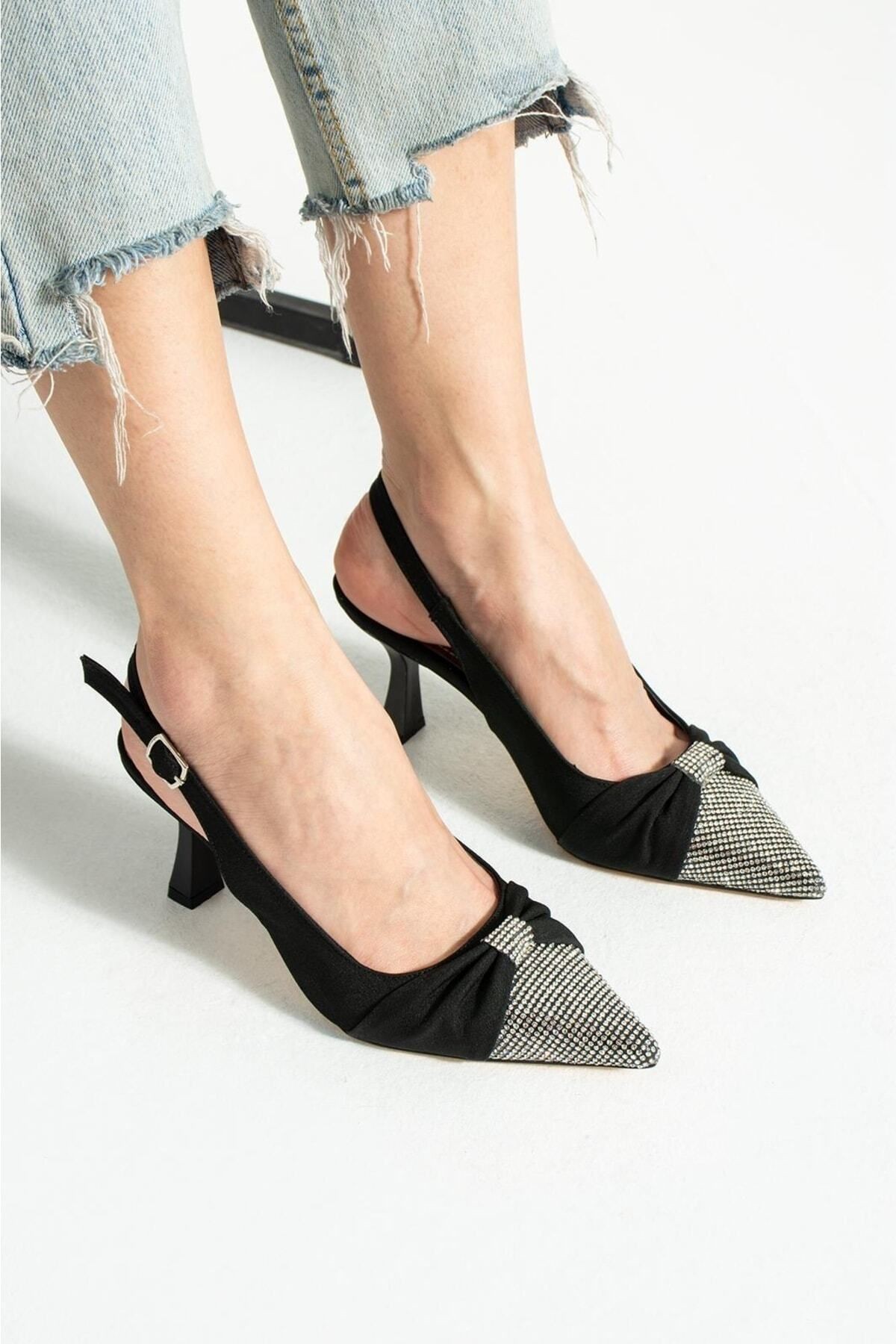 DUXAL SHOES Siyah Saten Önü Taşlı Kadın Topuklu Ayakkabı görsel 4
