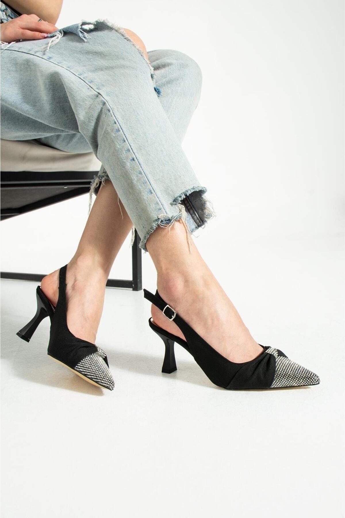 DUXAL SHOES Siyah Saten Önü Taşlı Kadın Topuklu Ayakkabı görsel 5