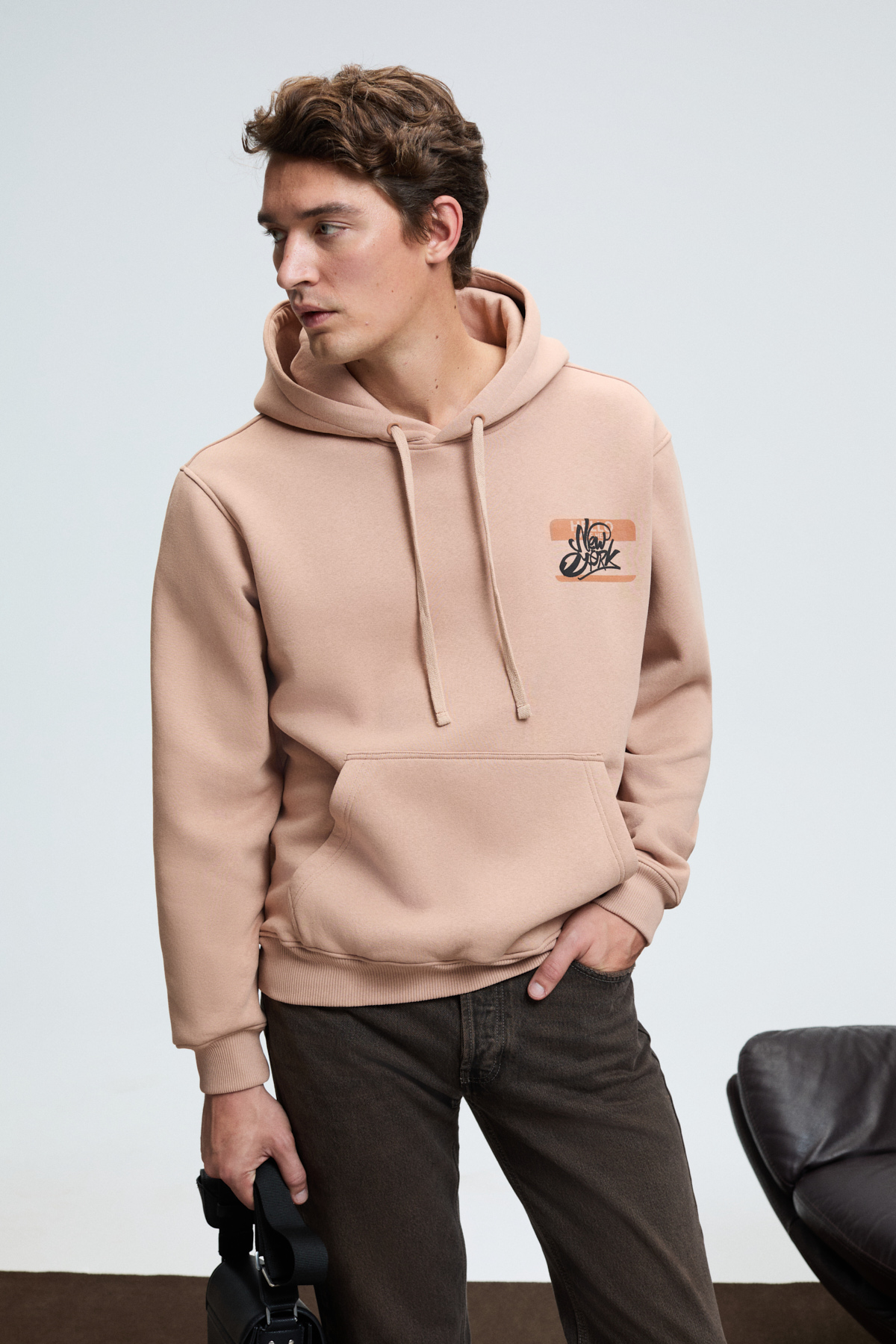 GRIMELANGE Erkek Kapüşonlu Kanguru Cepli Göğsü Nakışlı Regular Fit VİZON Sweatshirt