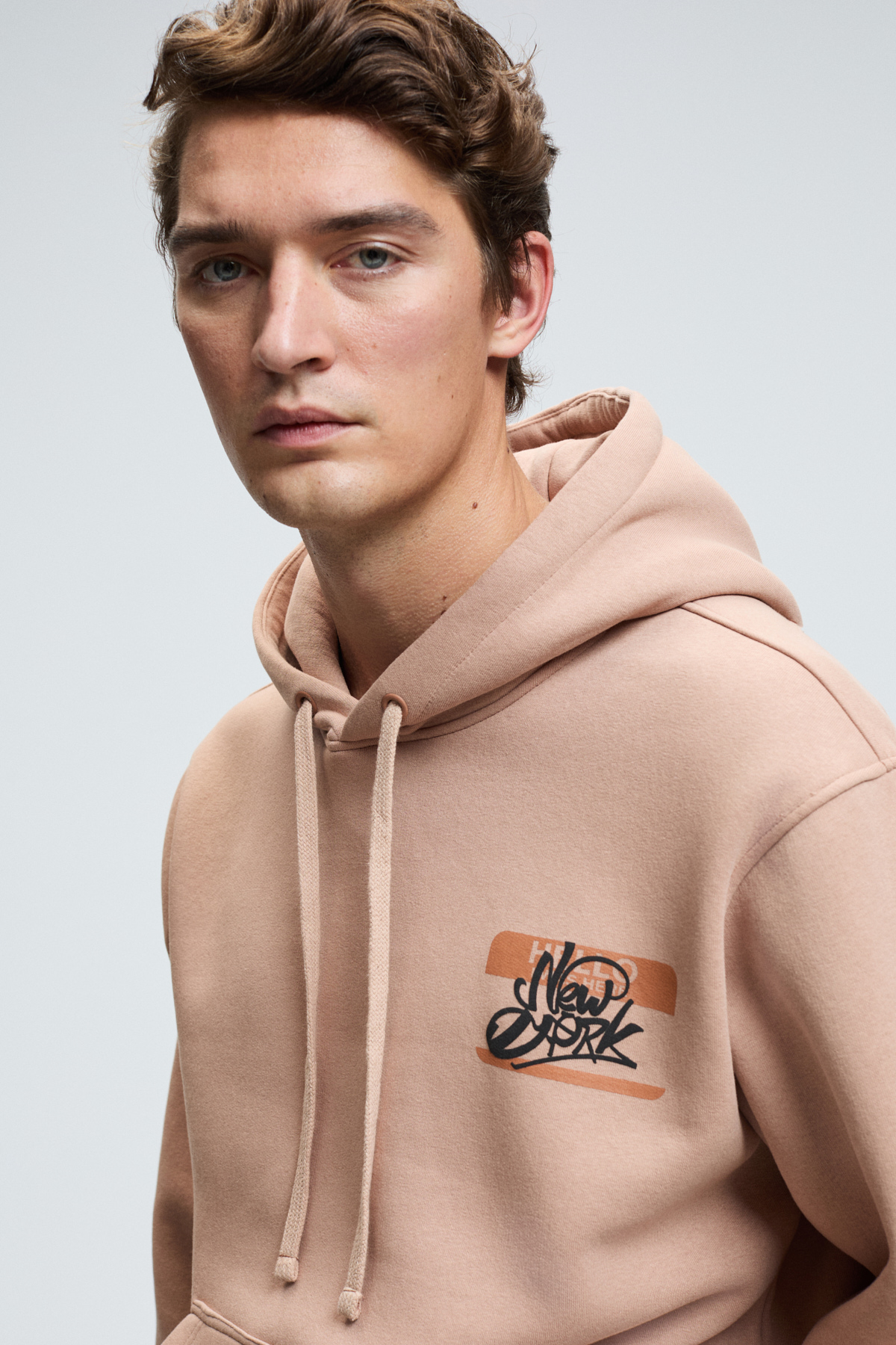 GRIMELANGE Erkek Kapüşonlu Kanguru Cepli Göğsü Nakışlı Regular Fit VİZON Sweatshirt görsel 5