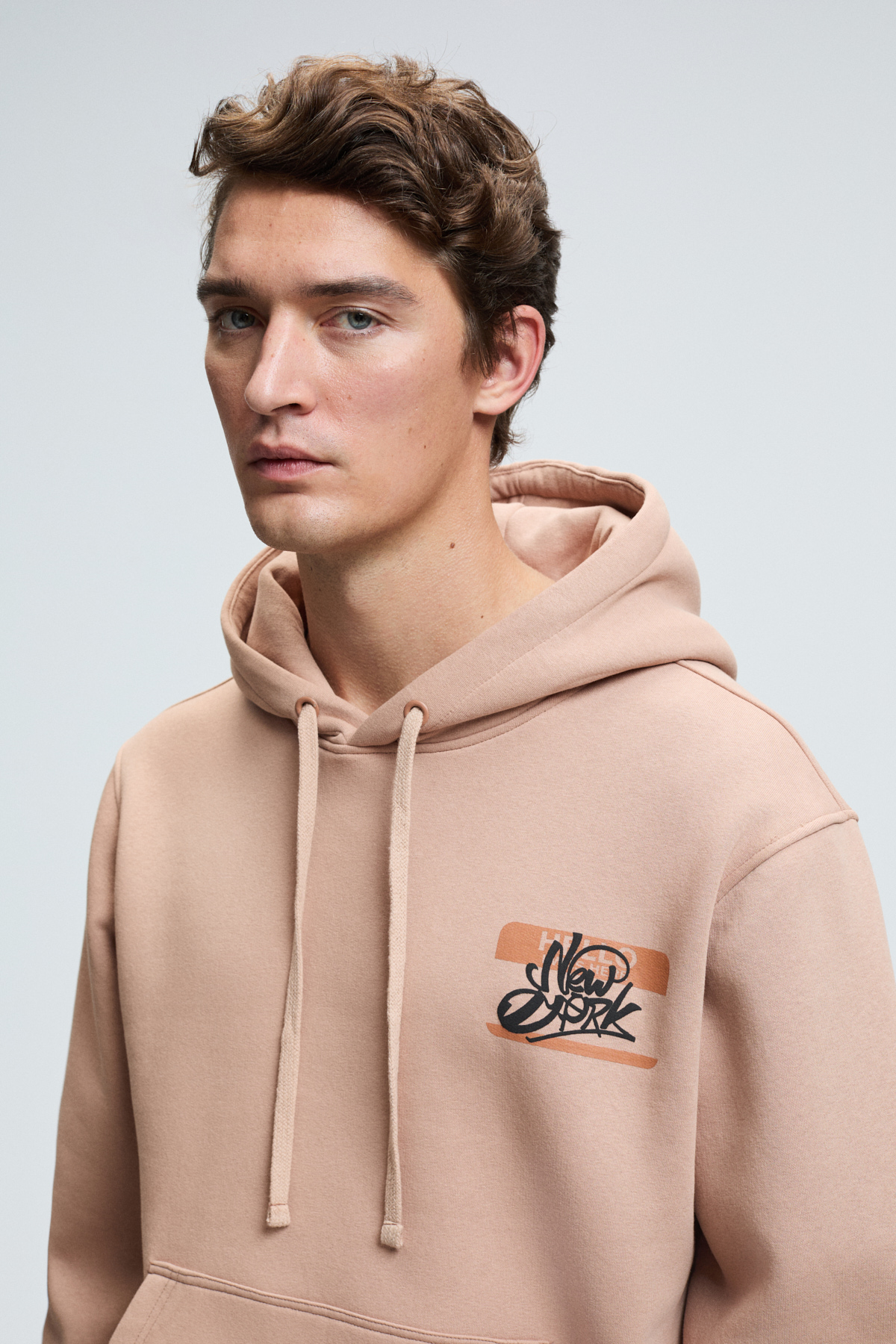 GRIMELANGE Erkek Kapüşonlu Kanguru Cepli Göğsü Nakışlı Regular Fit VİZON Sweatshirt görsel 6