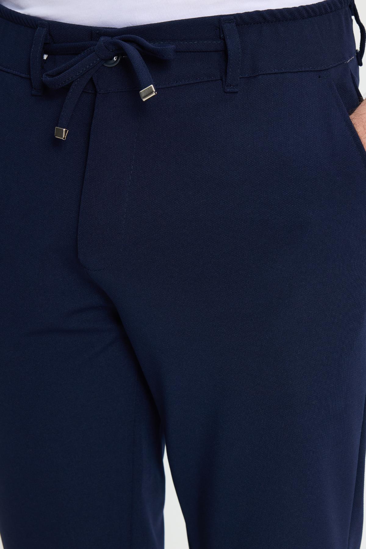 TUDORS Erkek Slim Fit Dar Kesim Beli Lastikli Bağcık Detaylı Lacivert Pantolon görsel 2