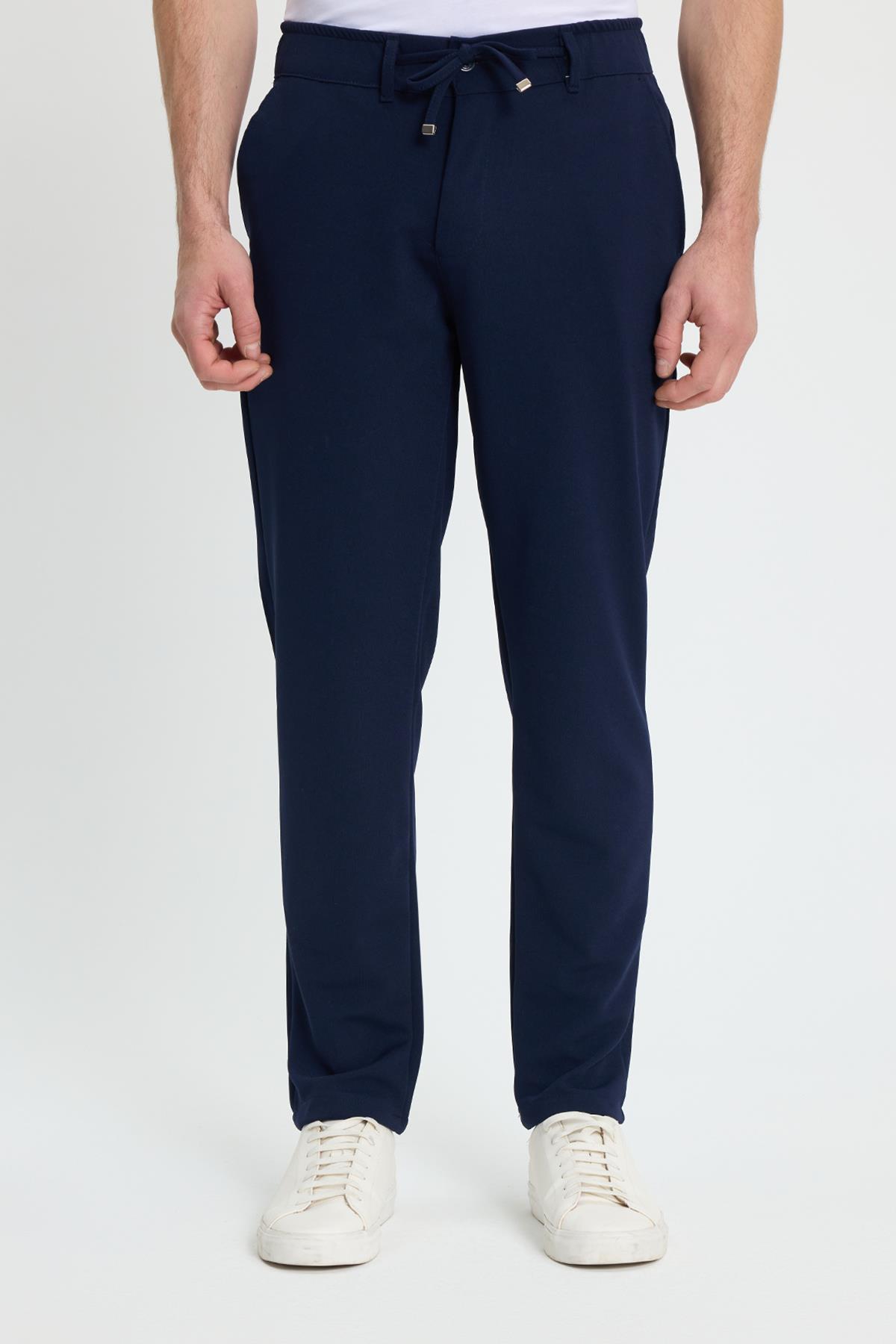 TUDORS Erkek Slim Fit Dar Kesim Beli Lastikli Bağcık Detaylı Lacivert Pantolon görsel 4