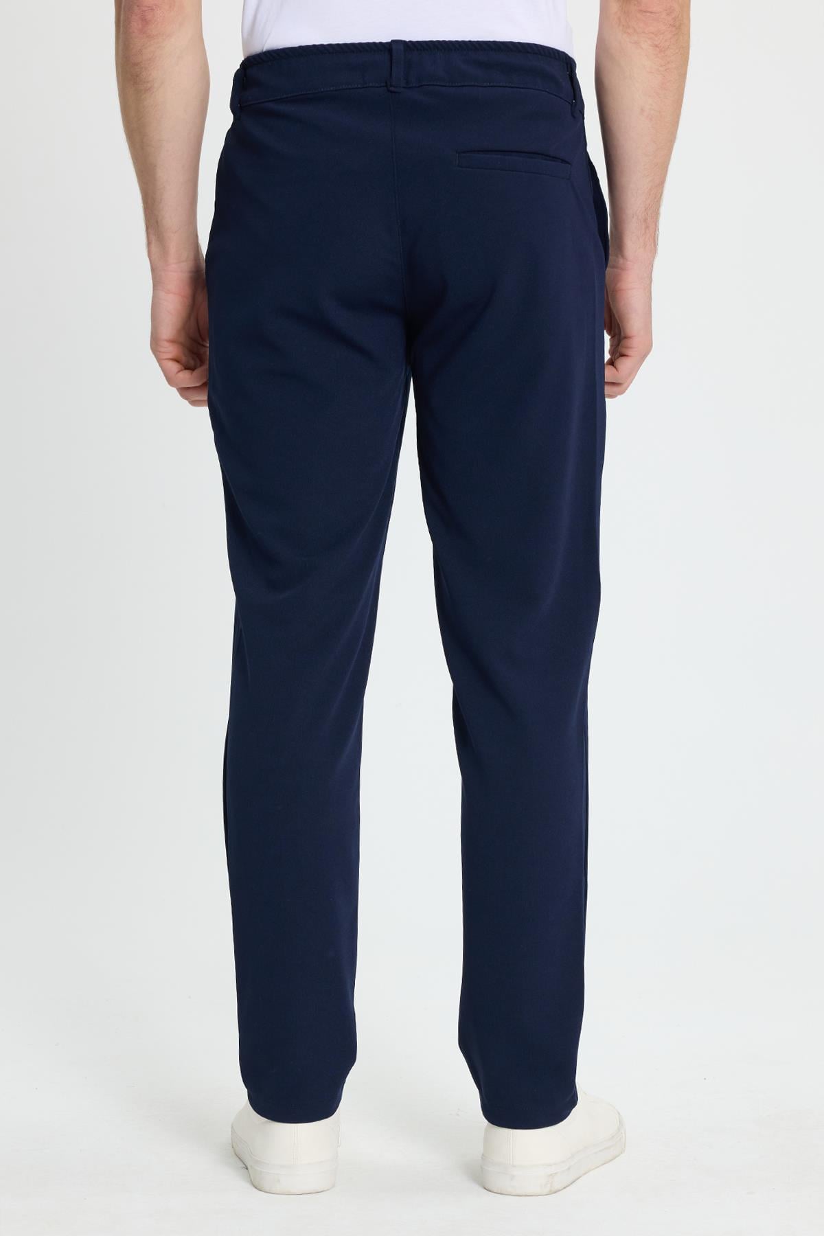 TUDORS Erkek Slim Fit Dar Kesim Beli Lastikli Bağcık Detaylı Lacivert Pantolon görsel 6
