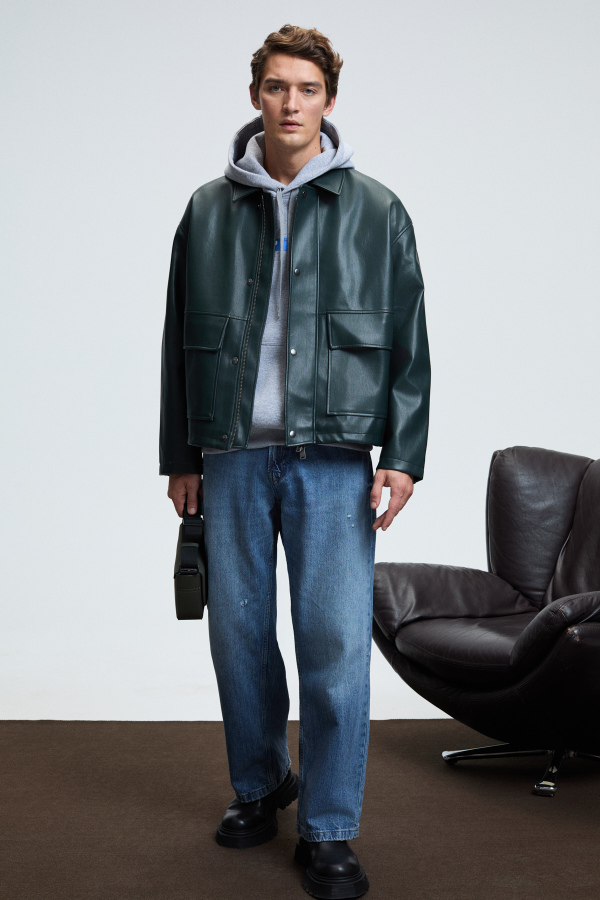 GRIMELANGE Erkek Kapüşonlu Kanguru Cepli Göğsü Nakışlı Regular Fit GRİ MELANJ Sweatshirt görsel 4