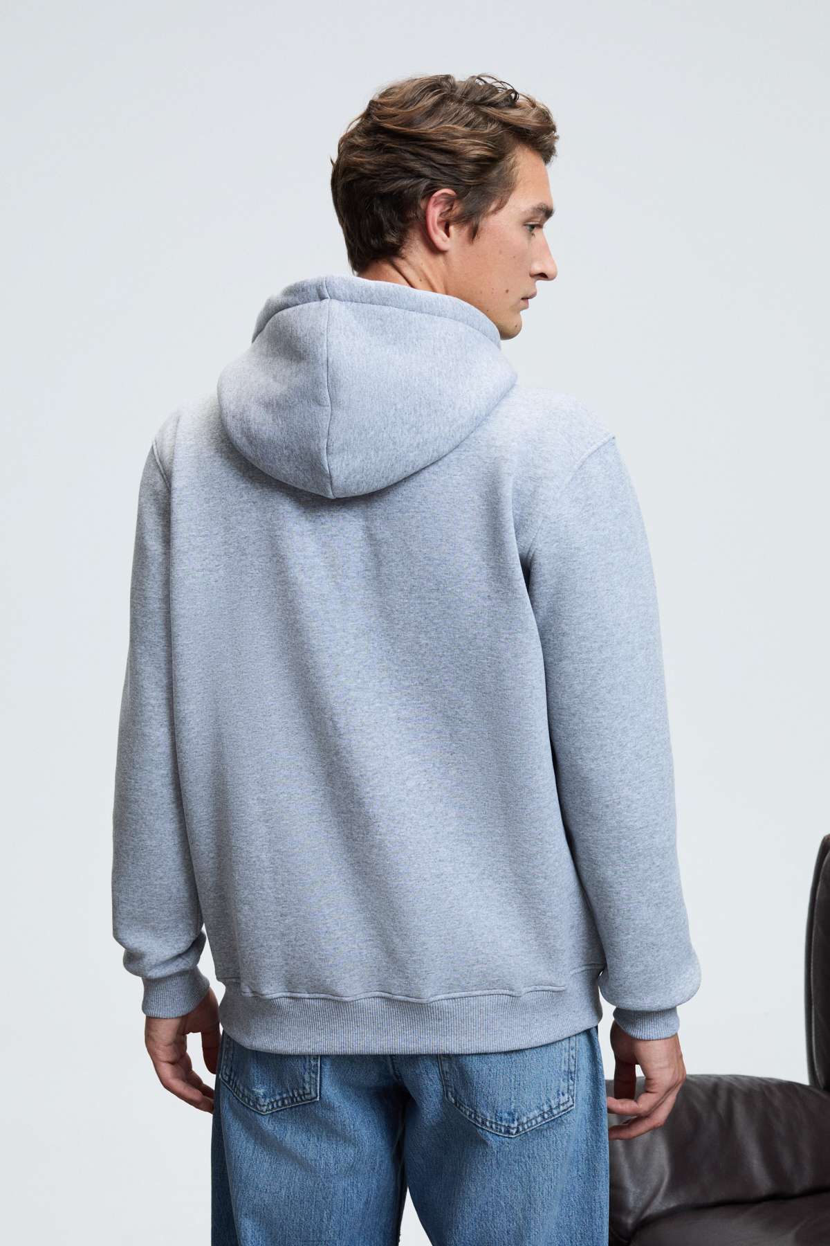 GRIMELANGE Erkek Kapüşonlu Kanguru Cepli Göğsü Nakışlı Regular Fit GRİ MELANJ Sweatshirt görsel 6