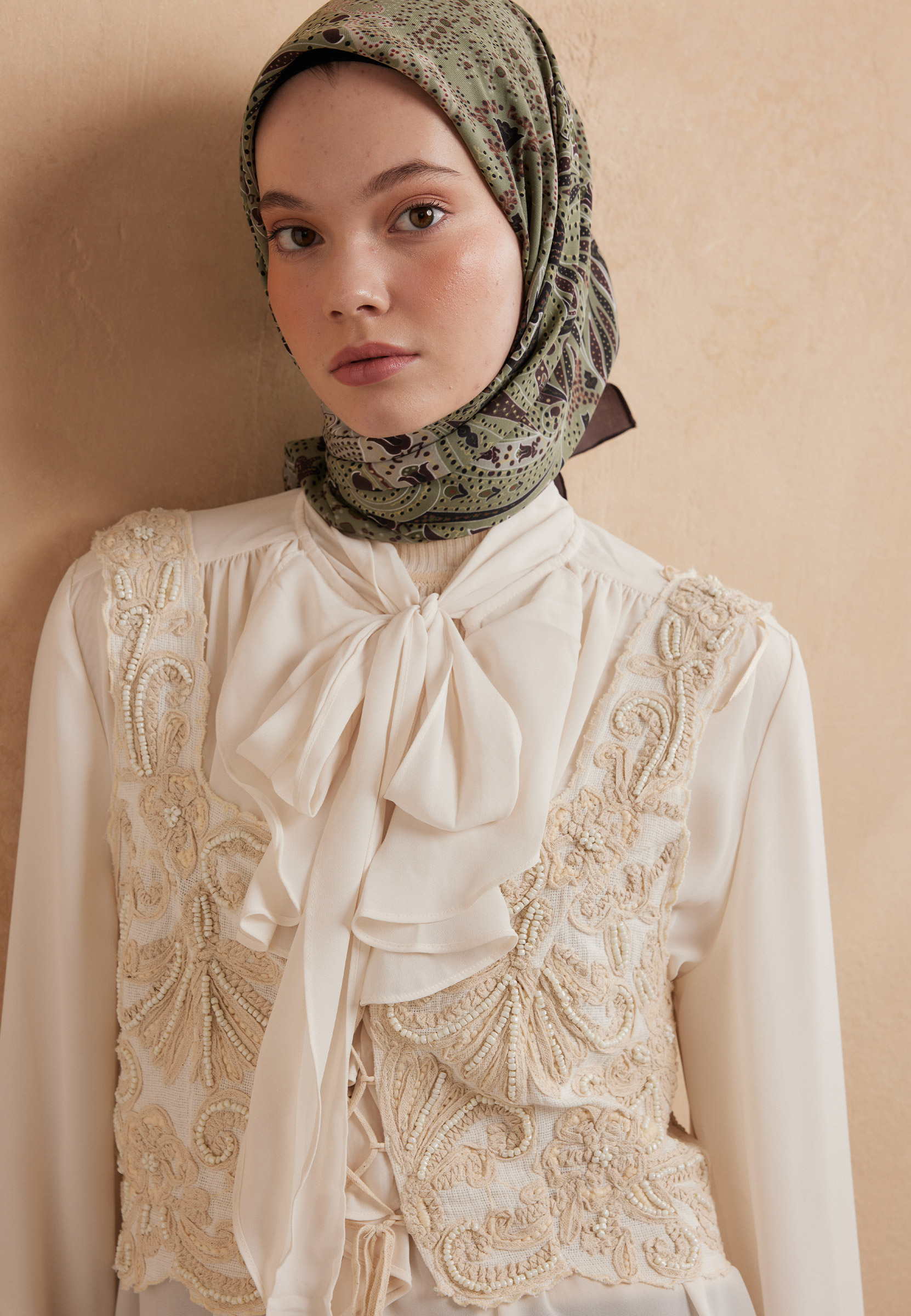 Fresh Scarfs Eliza Desen Pamuk İpek Eşarp Kahve görsel 2