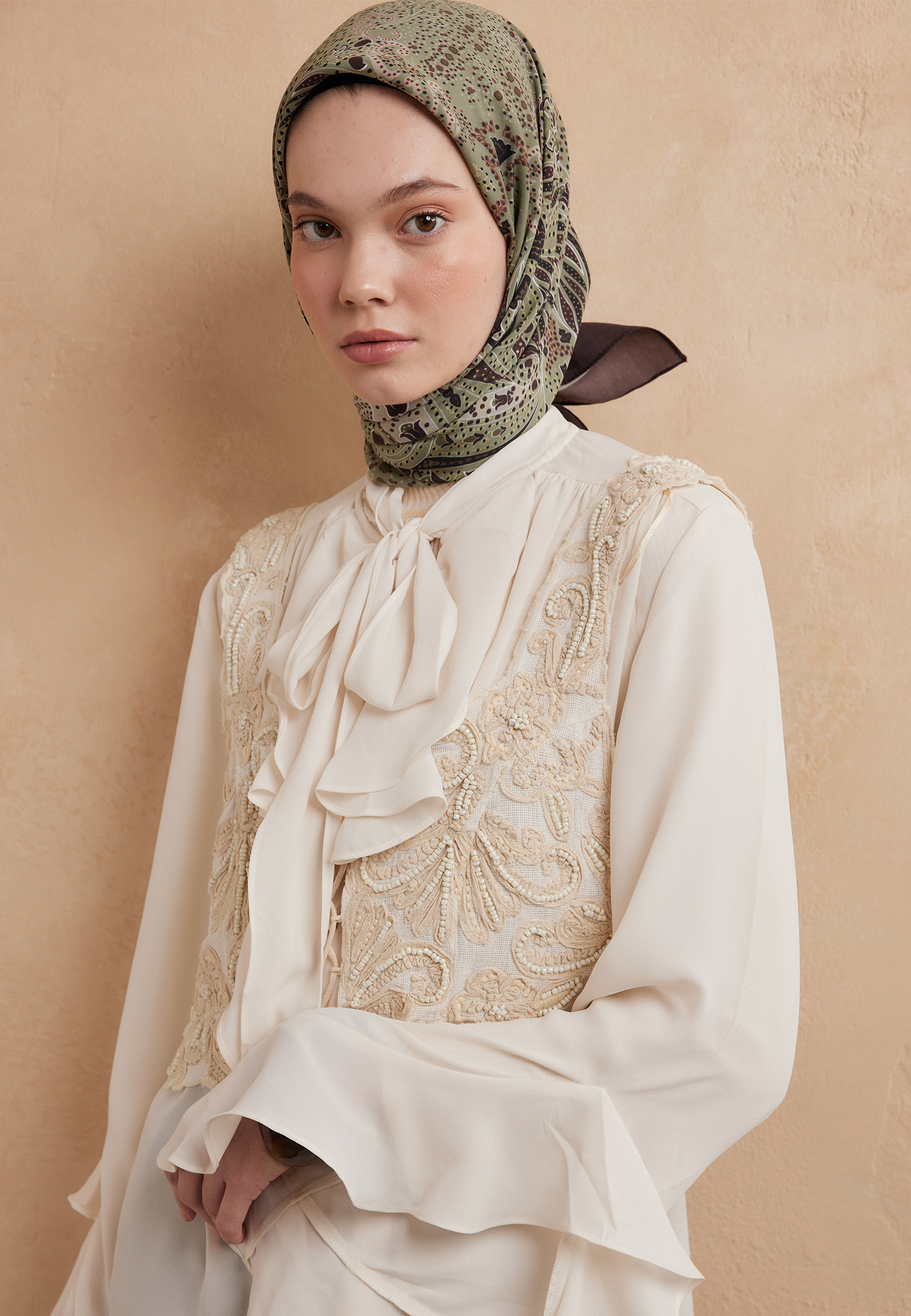 Fresh Scarfs Eliza Desen Pamuk İpek Eşarp Kahve görsel 3