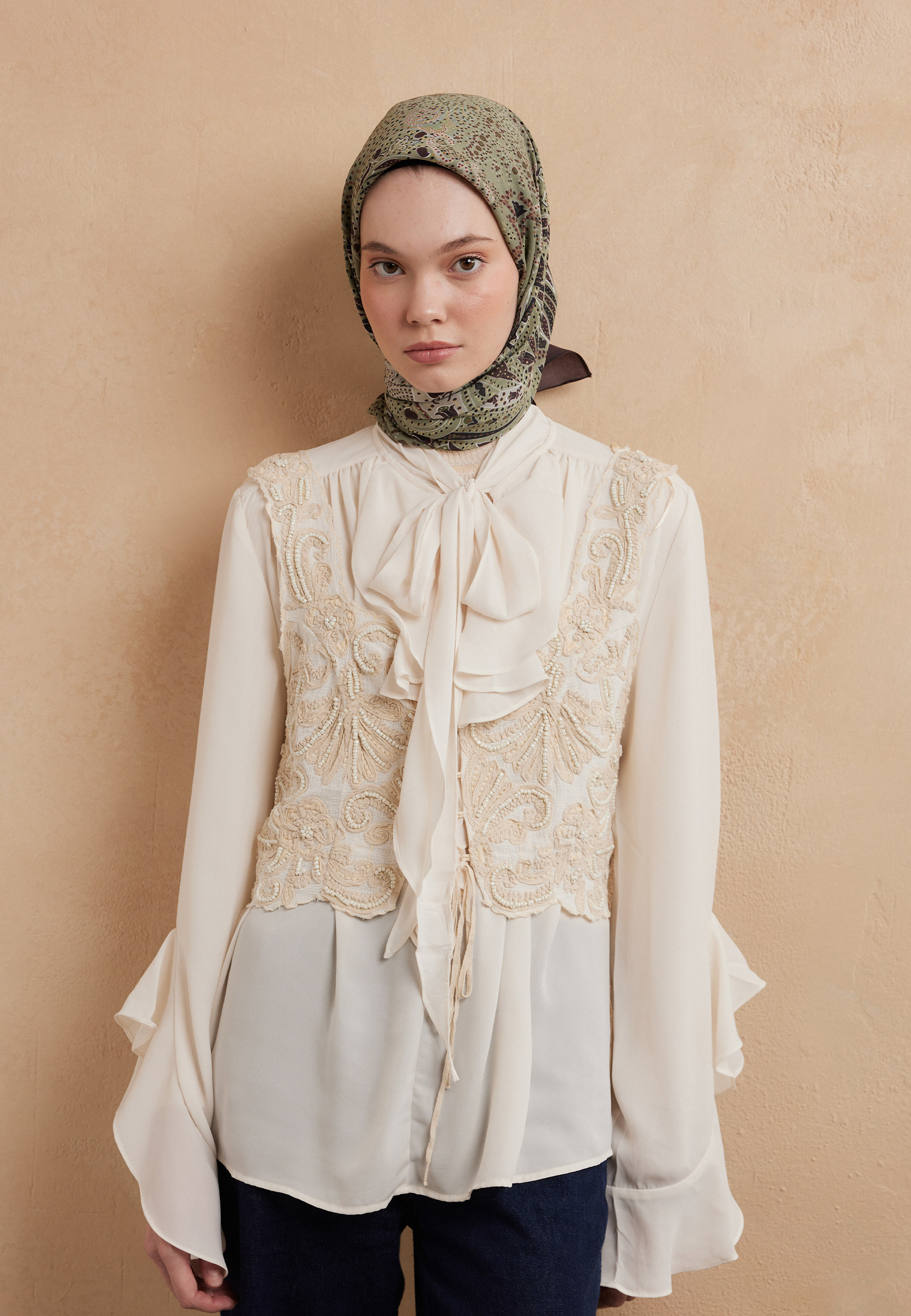 Fresh Scarfs Eliza Desen Pamuk İpek Eşarp Kahve görsel 4