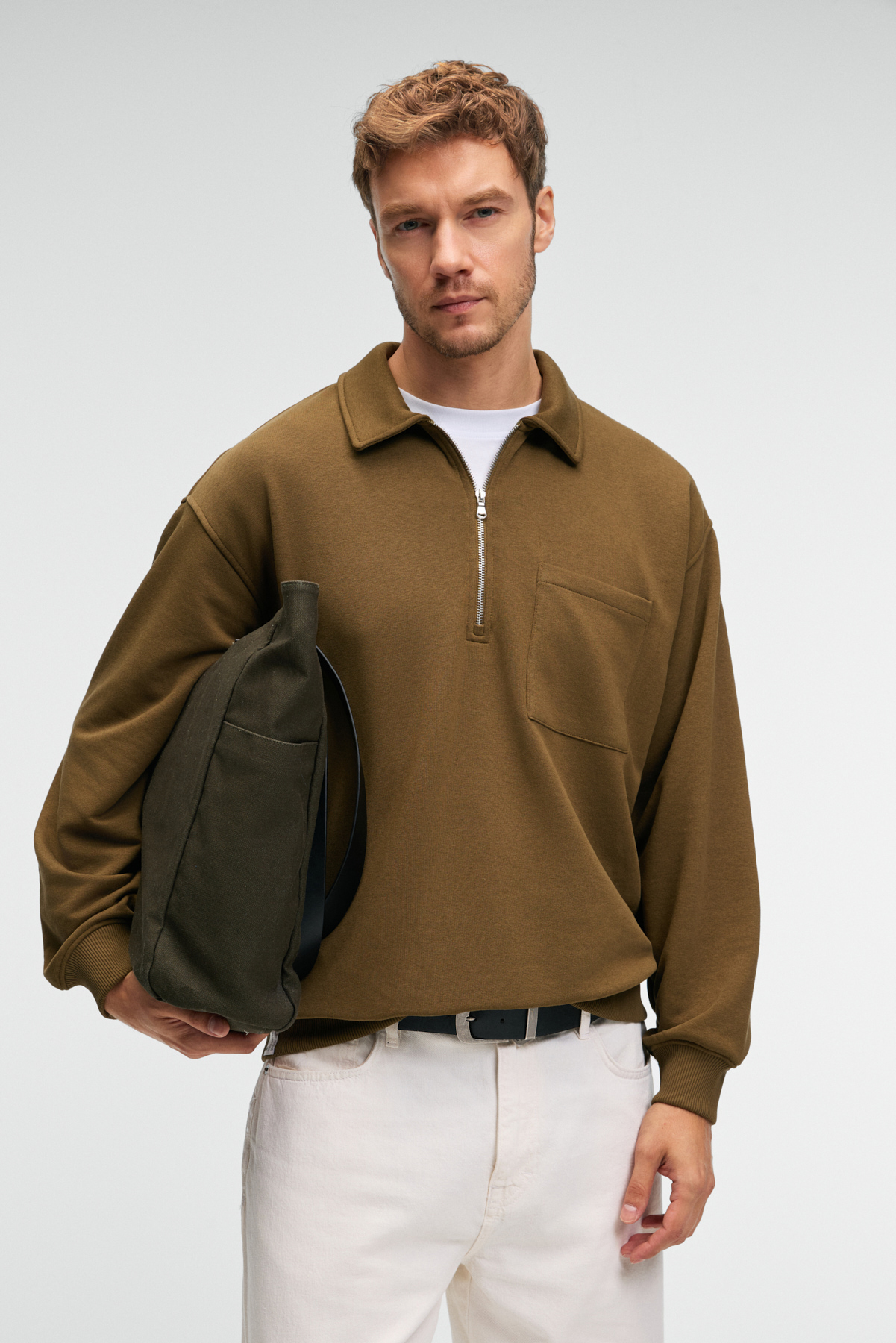 GRIMELANGE Erkek %100 Pamuk Yarım Fermuarlı Yakalı Cepli Süs Etiketli HAKİ Sweatshirt