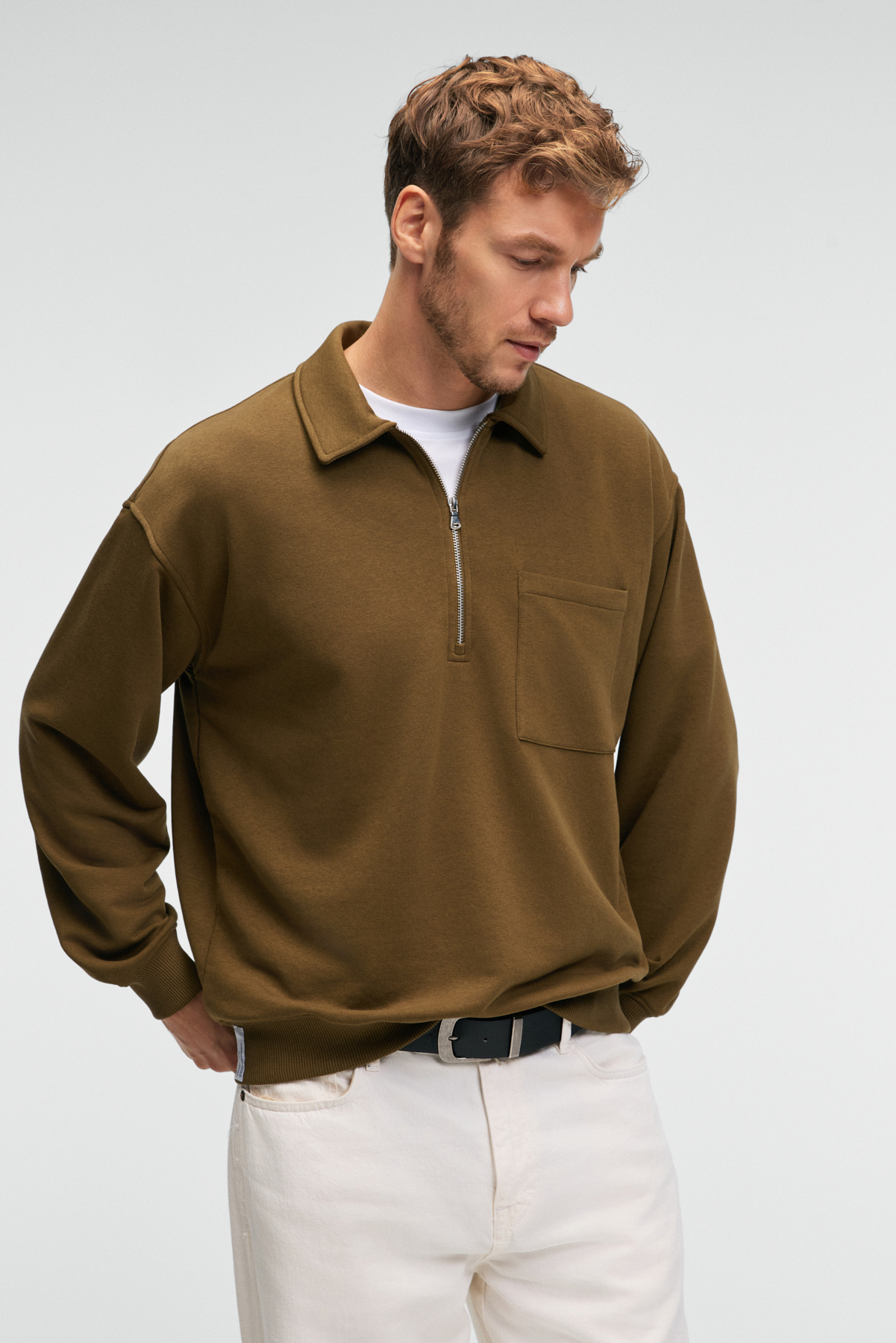 GRIMELANGE Erkek %100 Pamuk Yarım Fermuarlı Yakalı Cepli Süs Etiketli HAKİ Sweatshirt görsel 2