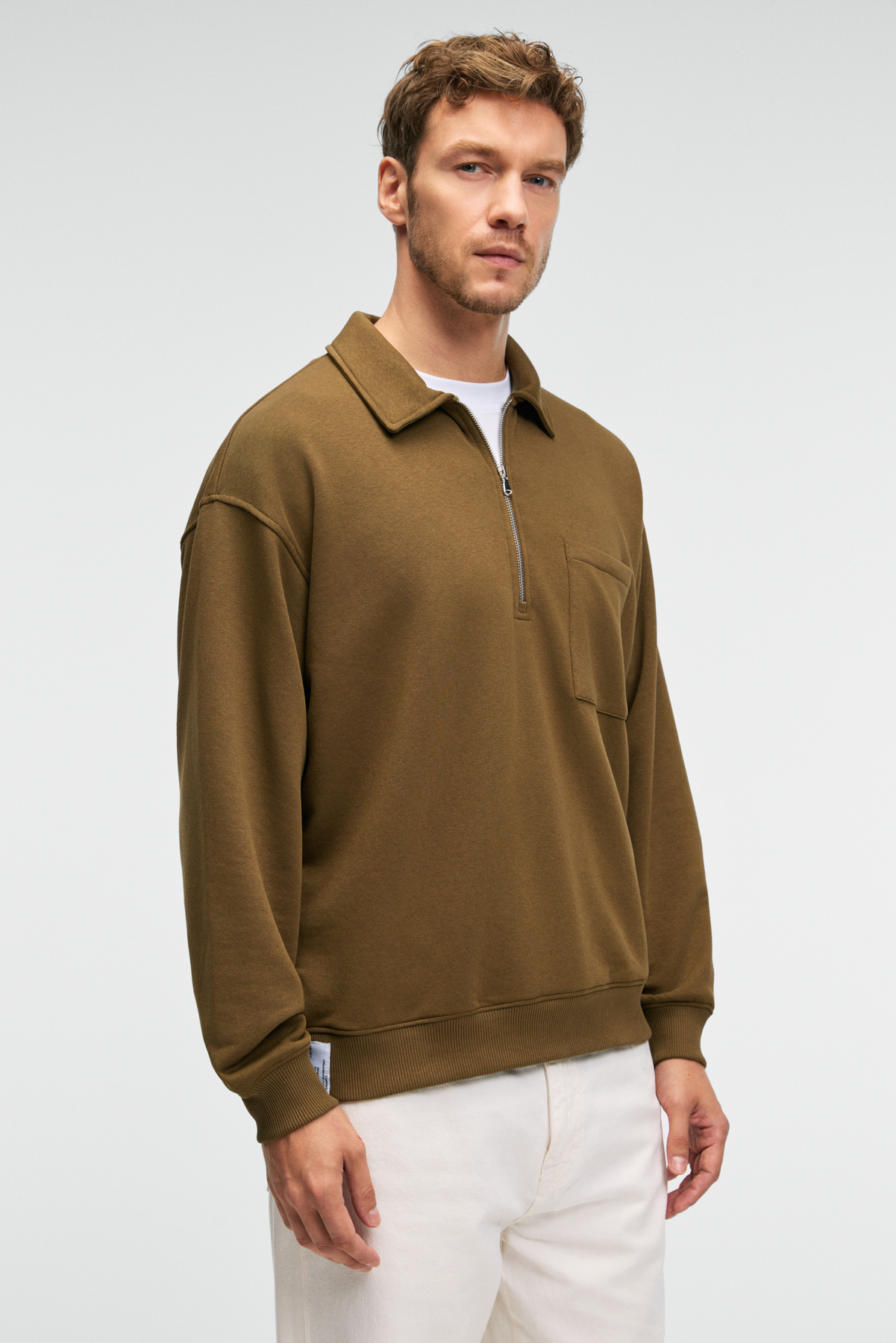GRIMELANGE Erkek %100 Pamuk Yarım Fermuarlı Yakalı Cepli Süs Etiketli HAKİ Sweatshirt görsel 4