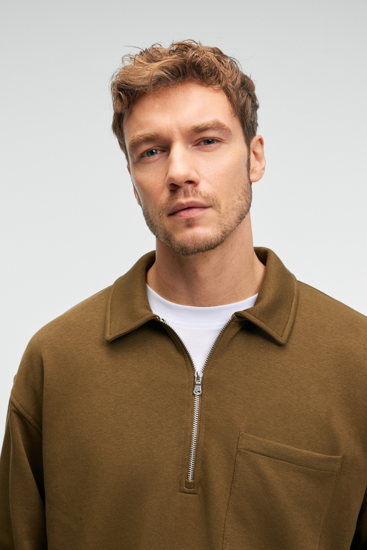 GRIMELANGE Erkek %100 Pamuk Yarım Fermuarlı Yakalı Cepli Süs Etiketli HAKİ Sweatshirt görsel 5