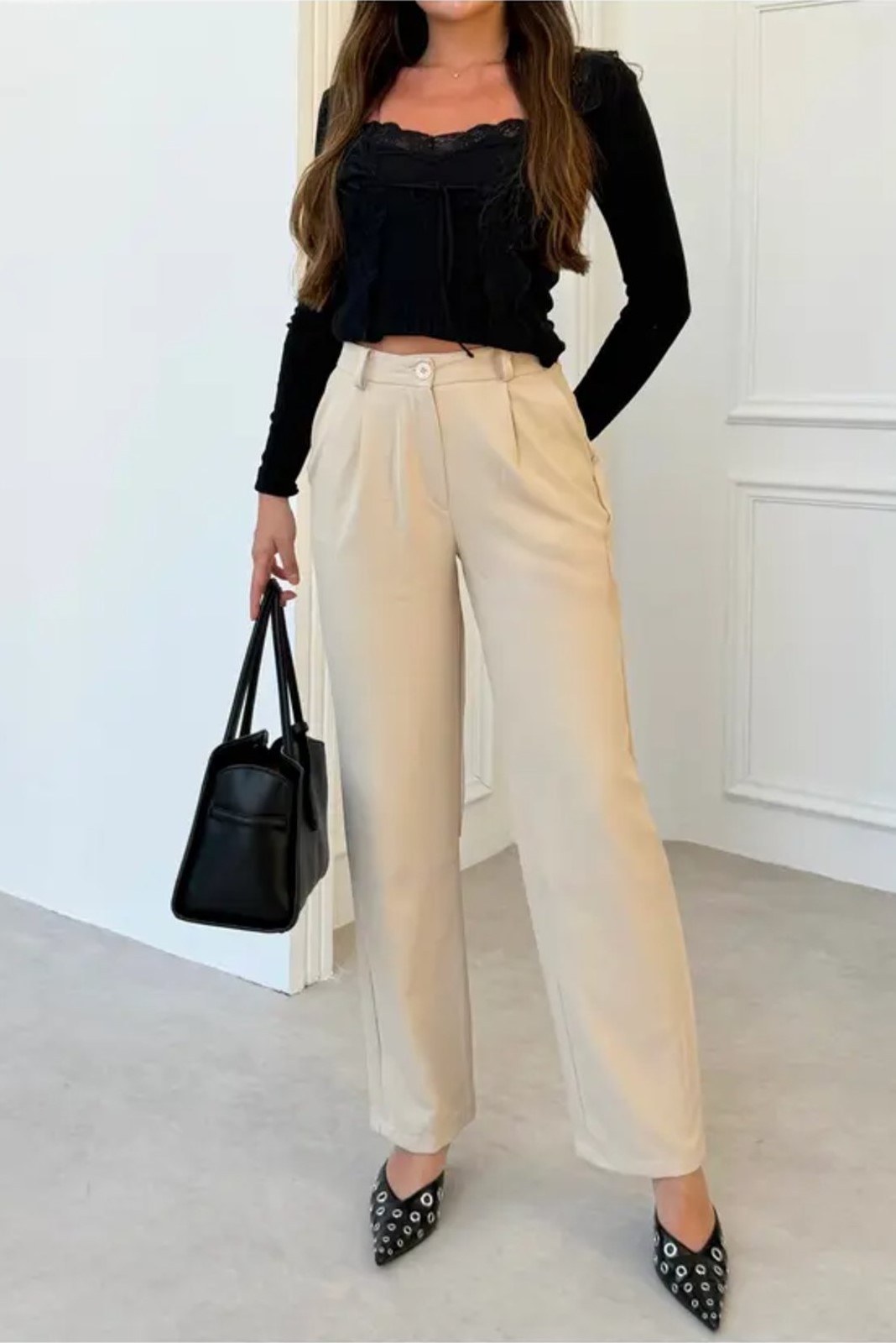 ginger love Kadın Yüksek Bel Pile Detaylı Kumaş Pantolon, Bej
