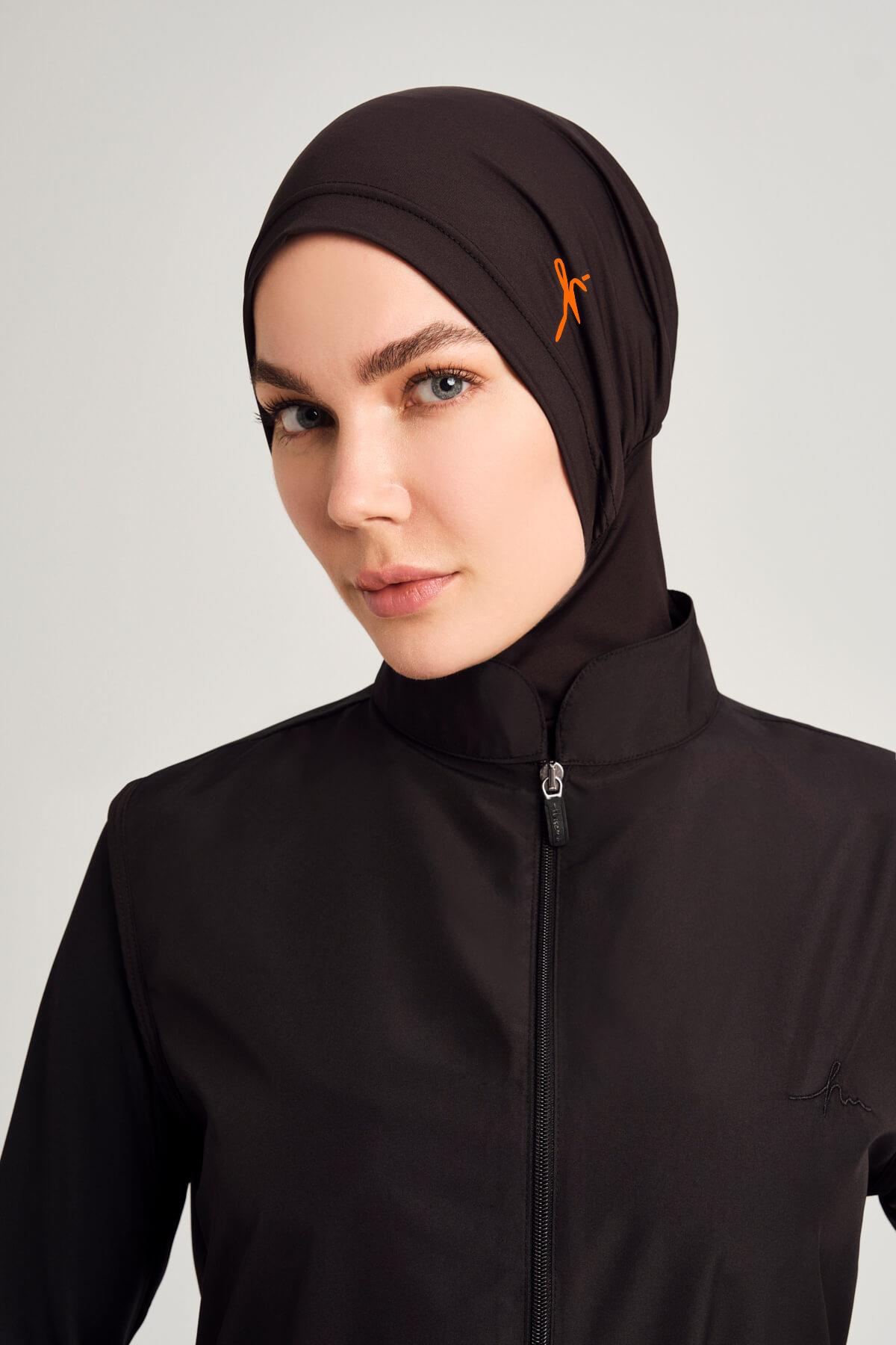 Haşema Turuncu Logo Detaylı Siyah Tesettür Yüzücü Bonesi 1006 görsel 2